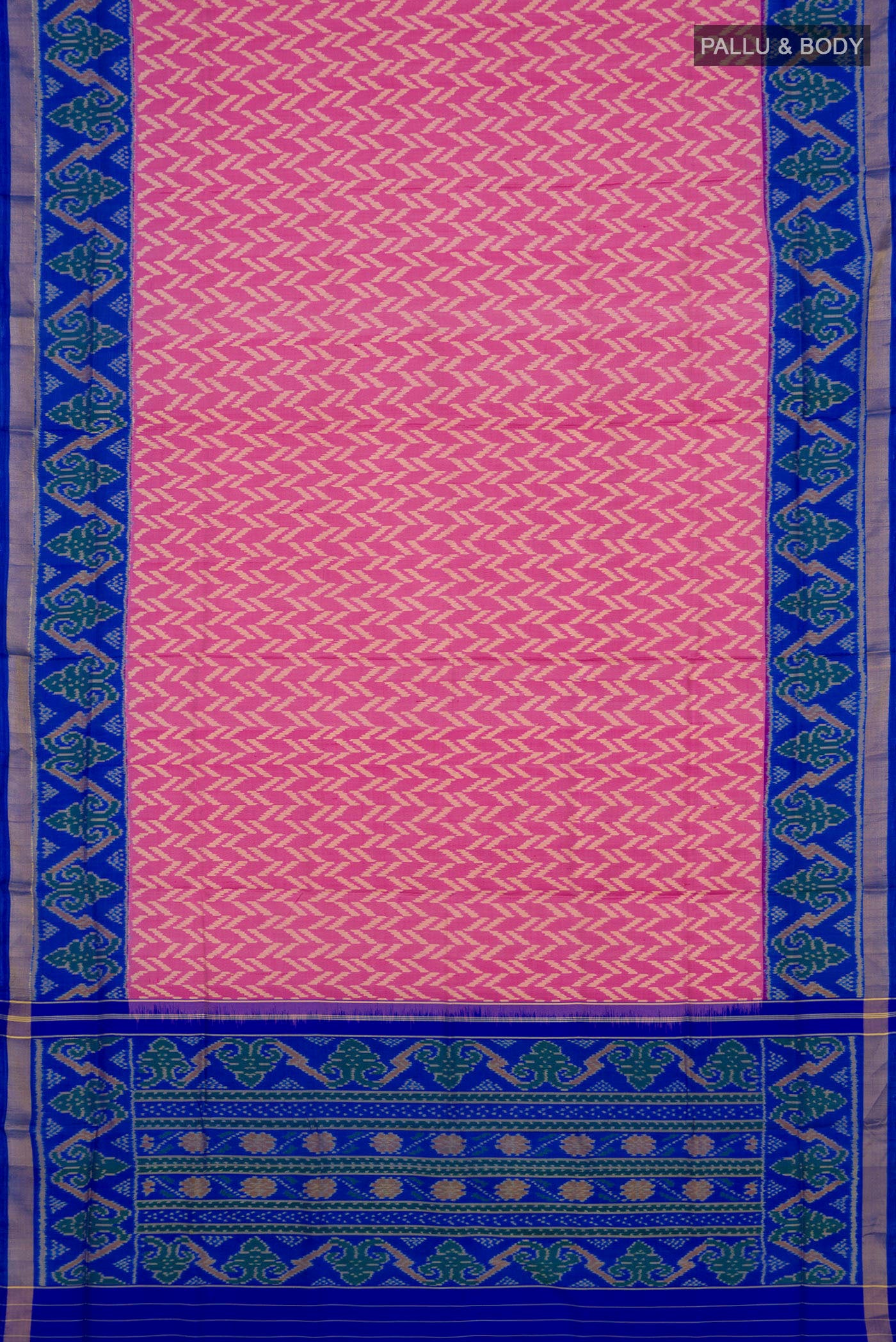 Flat view of Pink Rajkot Patola Silk Saree with Ikat design on the body and Zari Border. 
