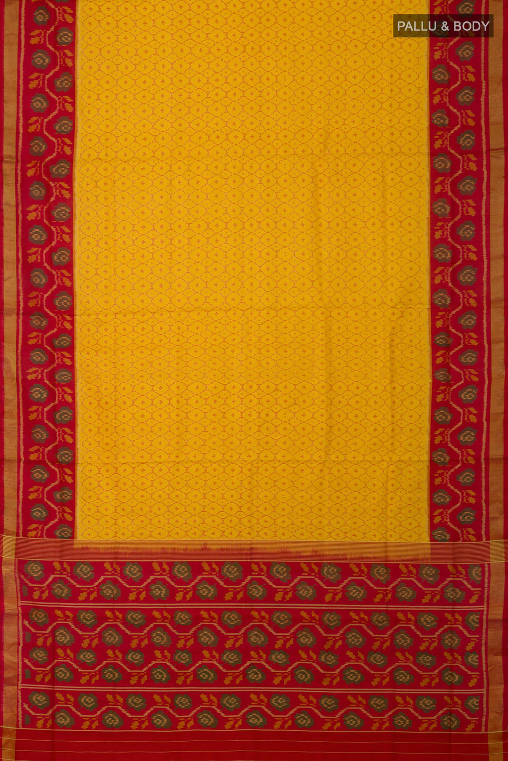 Flat view of Yellow Rajkot Patola Silk Saree with Ikat design on the body and Ikat Border. 