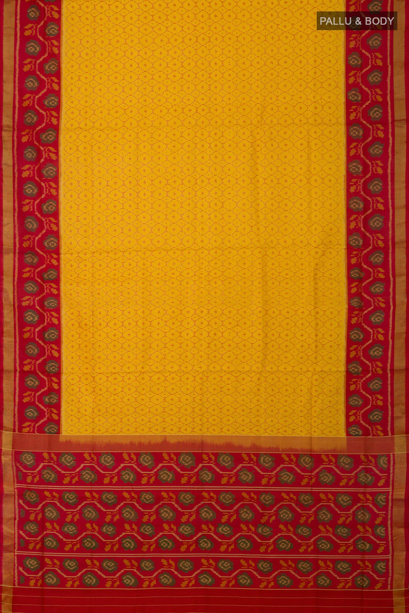 Flat view of Yellow Rajkot Patola Silk Saree with Ikat design on the body and Ikat Border. 
