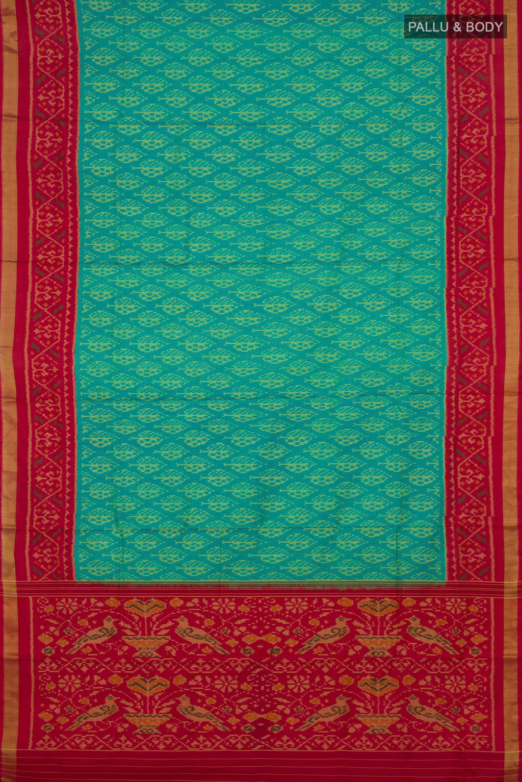 Flat view of Pure Silk Turquoise Rajkot Patola Saree with Pure Ikat on the body and Ikat Border. 