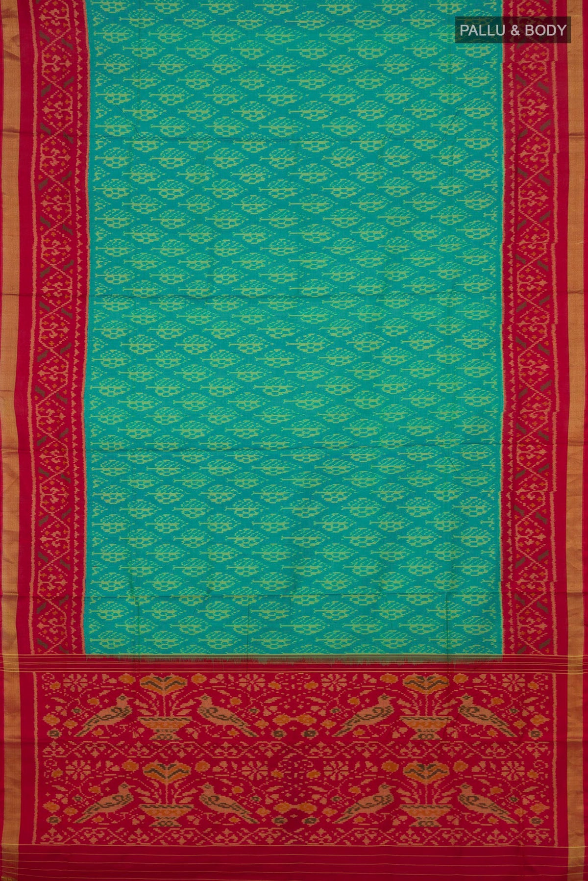 Flat view of Pure Silk Turquoise Rajkot Patola Saree with Pure Ikat on the body and Ikat Border. 