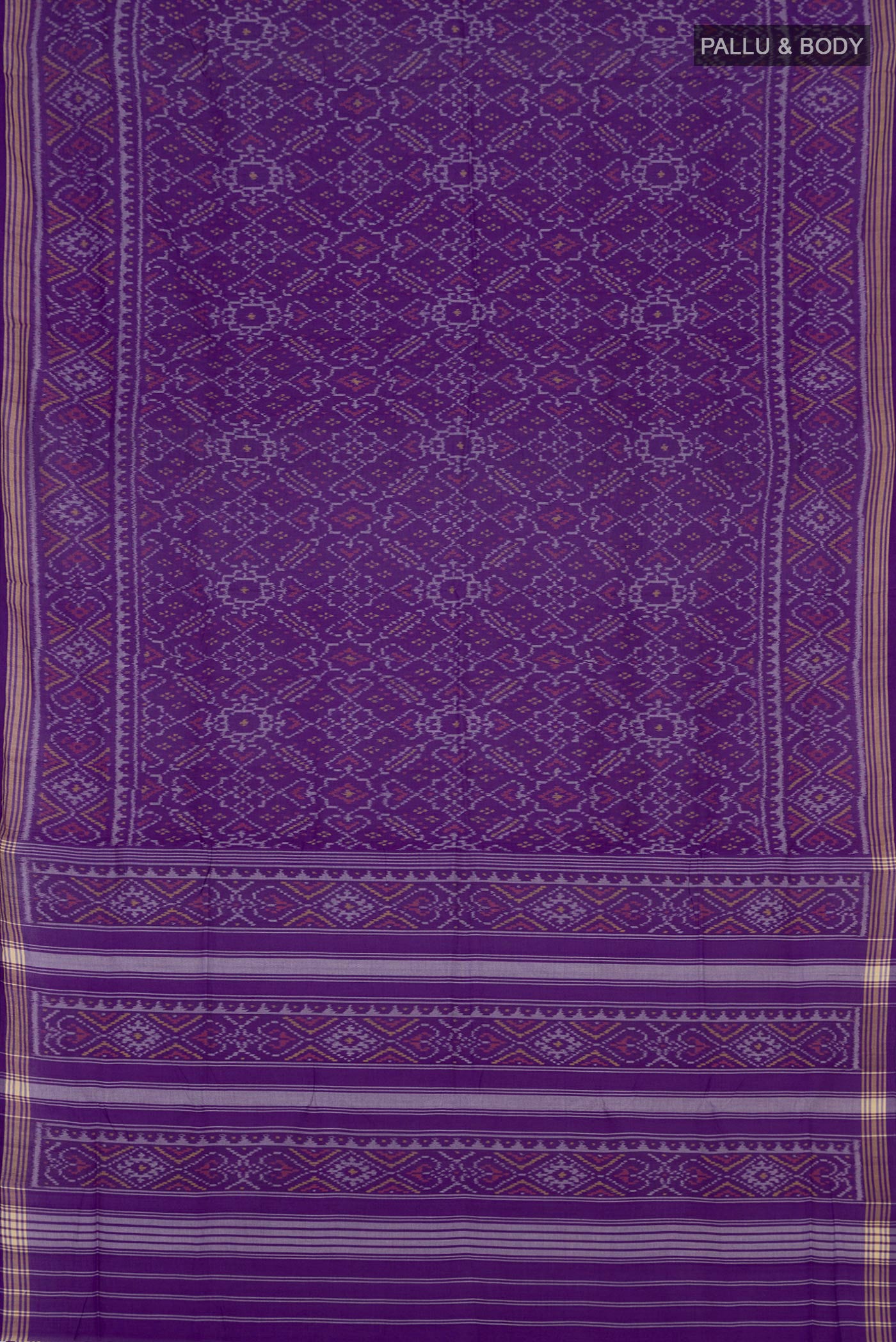 Flat view of Purple Double Ikat Saree with Ikat design on the body and Plain Border. 