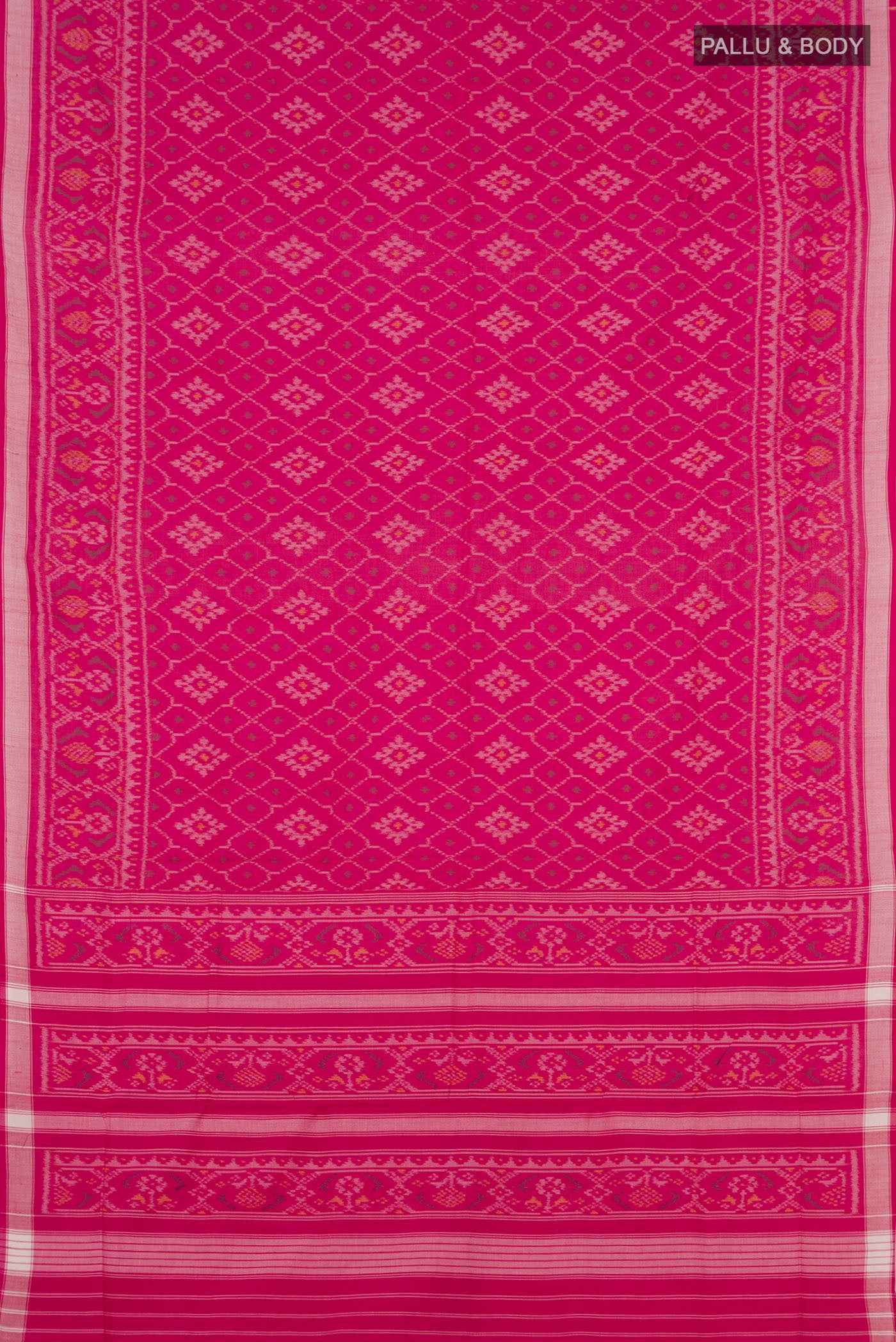 Flat view of Pink Double Ikat Saree with Ikat design on the body and Plain Border. 