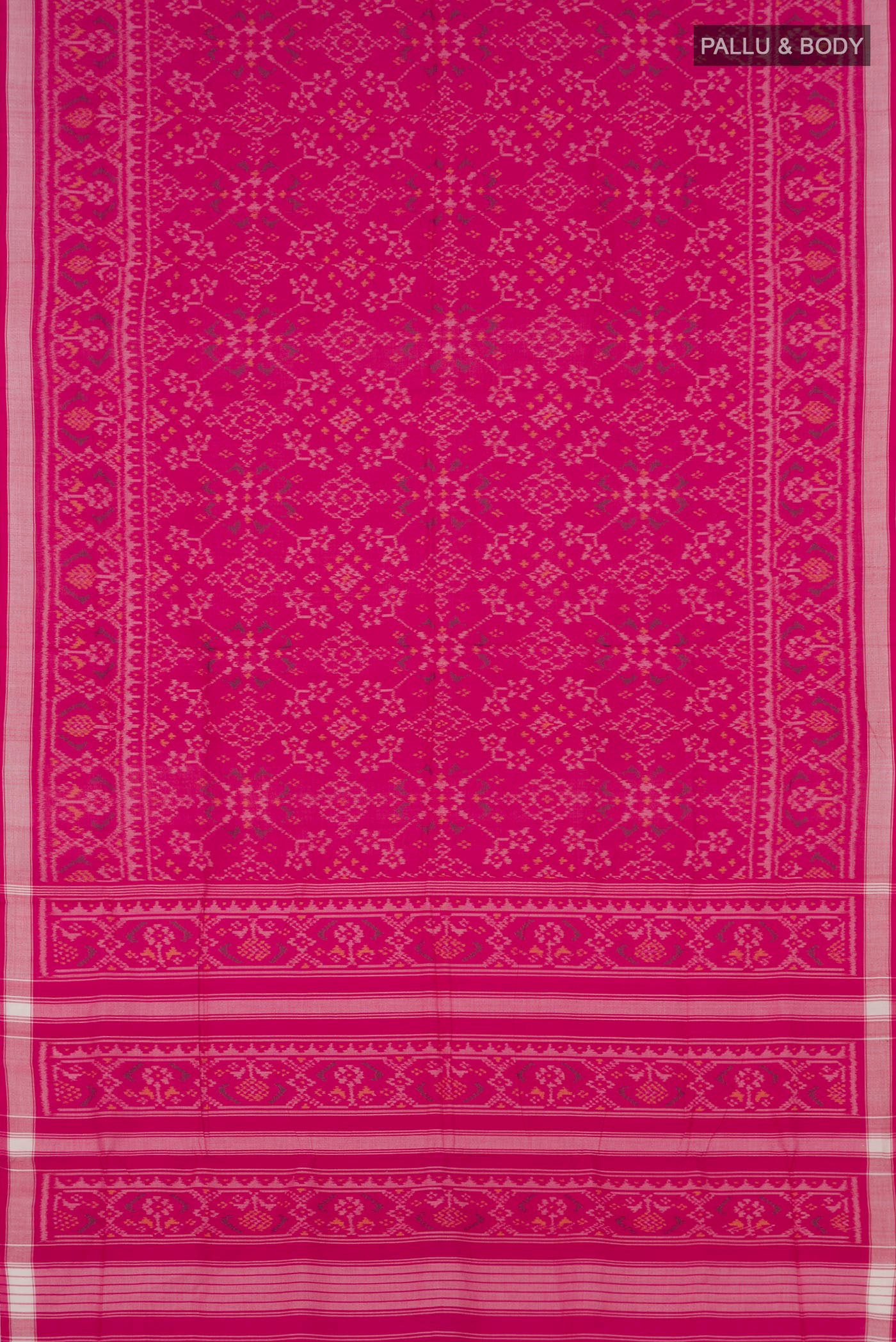 Flat view of Pink Pochampally Silk Saree with Ikat Print on the body and Ikat Border. 