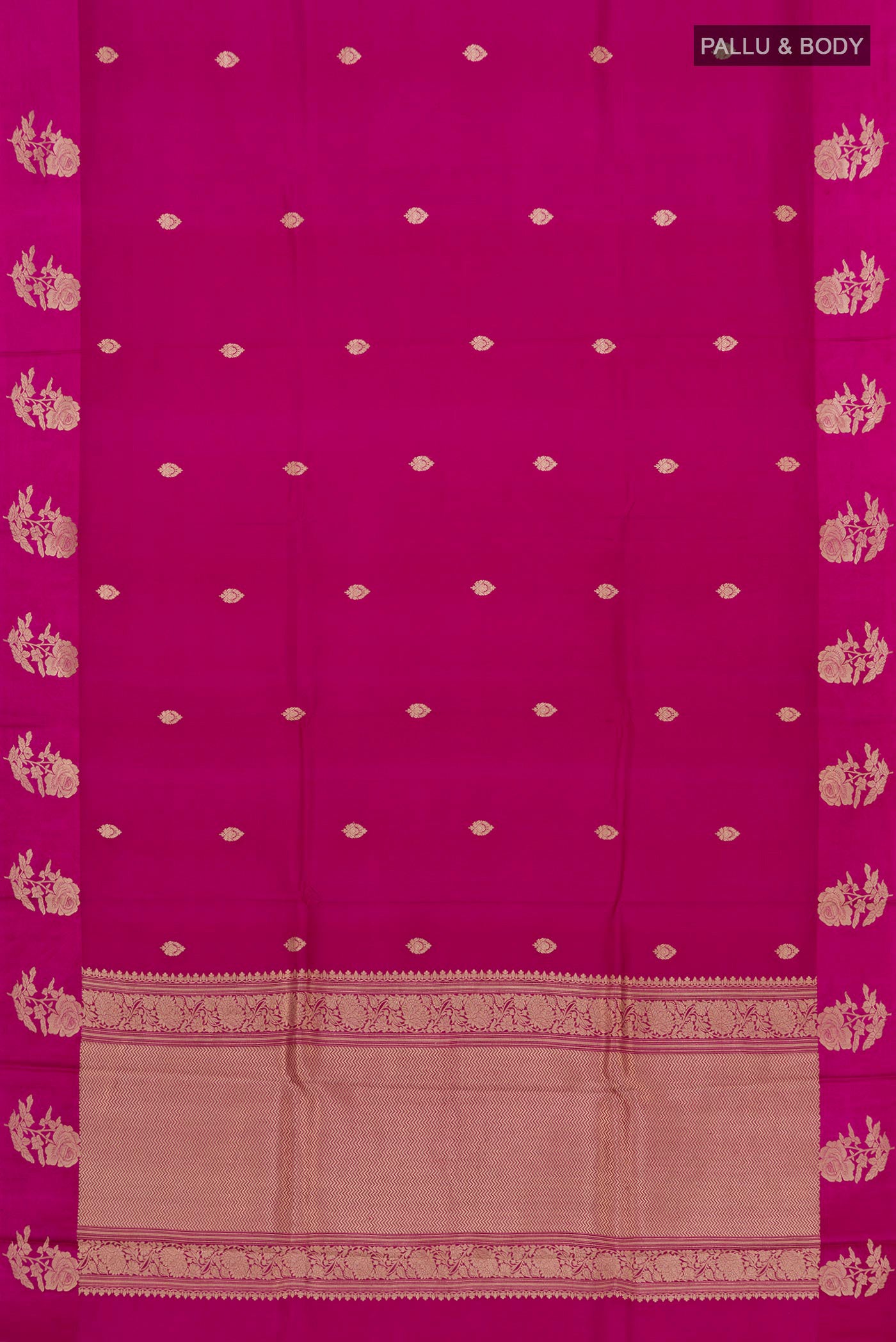 Flat view of Pink Banarasi Katan Silk Saree with Zari Butta on the body and Fancy Border. 