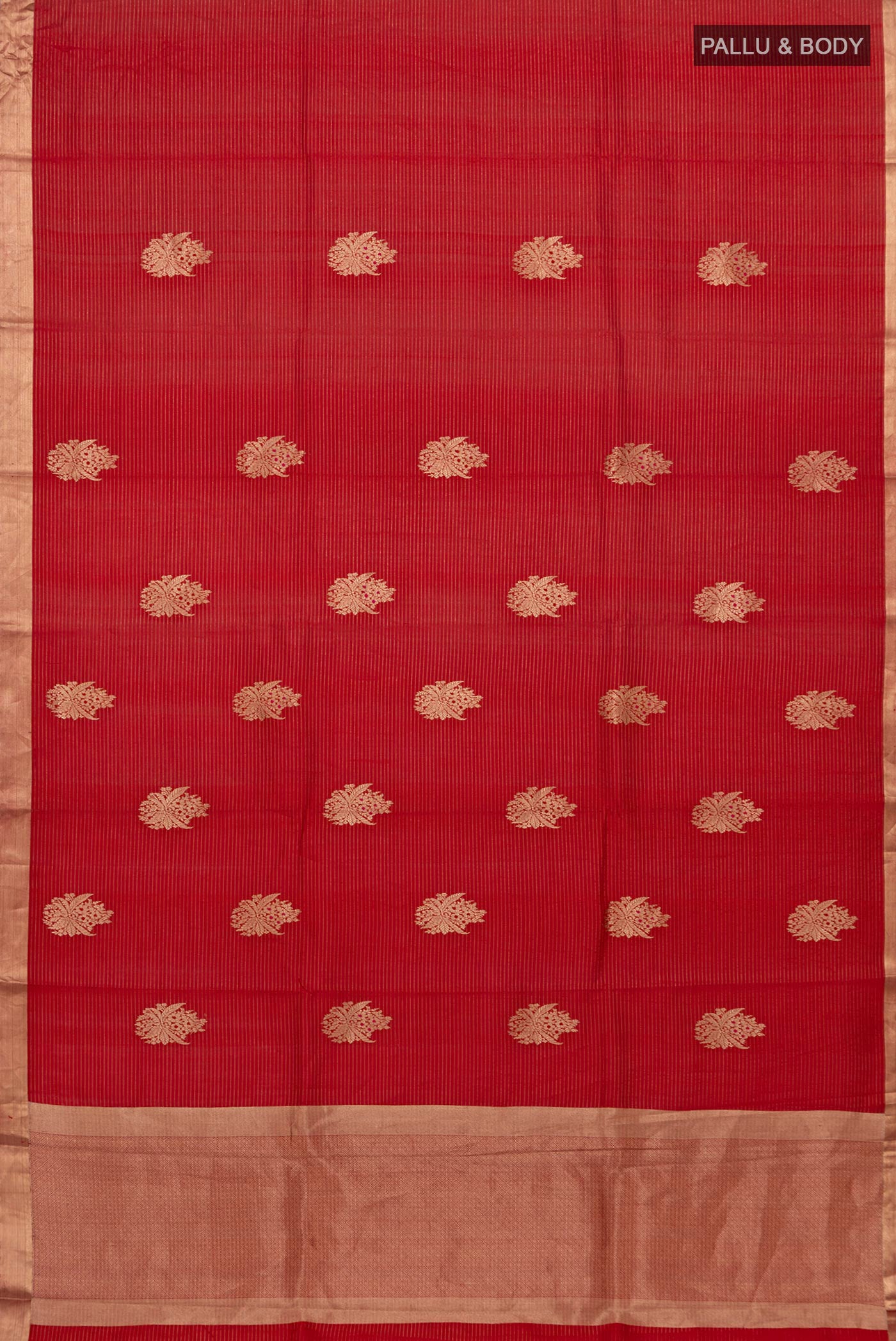 Flat view of Red Banarasi Katan Silk Saree with Zari Butta on the body and Thin Zari Line. 