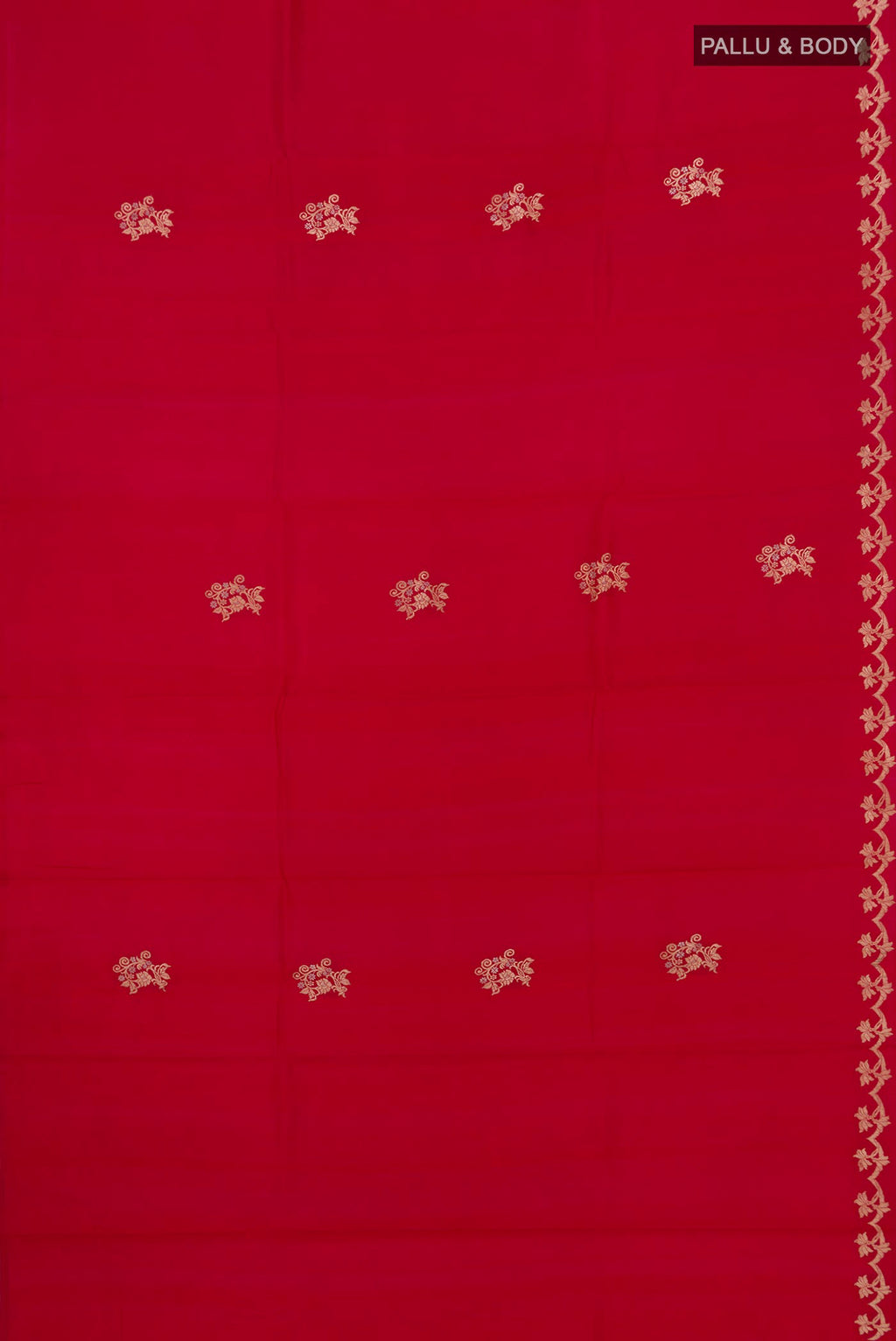Flat view of Red Banarasi Katan Silk Saree with Zari Butta on the body and Zari Border. 