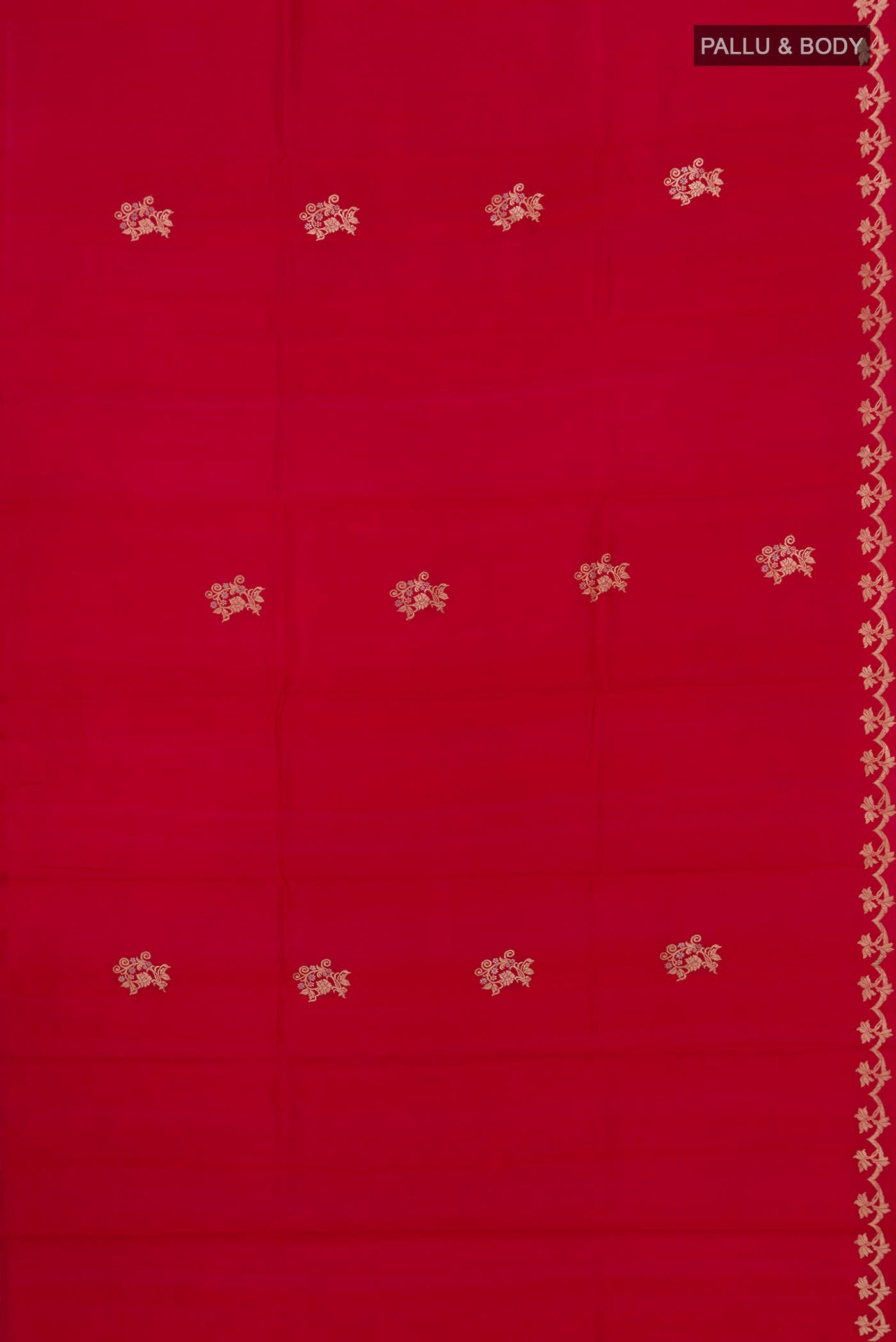 Flat view of Red Banarasi Katan Silk Saree with Zari Butta on the body and Zari Border. 