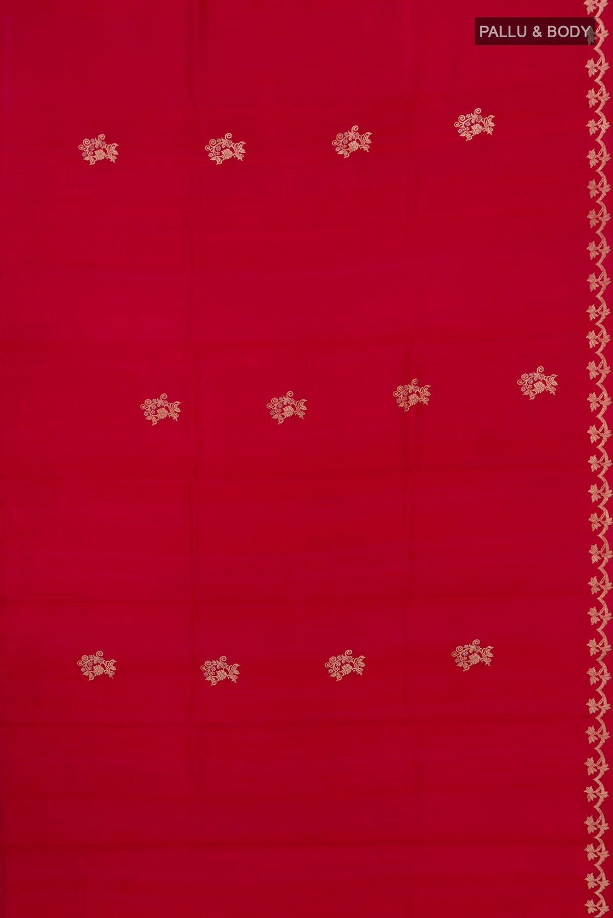 Flat view of Red Banarasi Katan Silk Saree with Zari Butta on the body and Zari Border. 