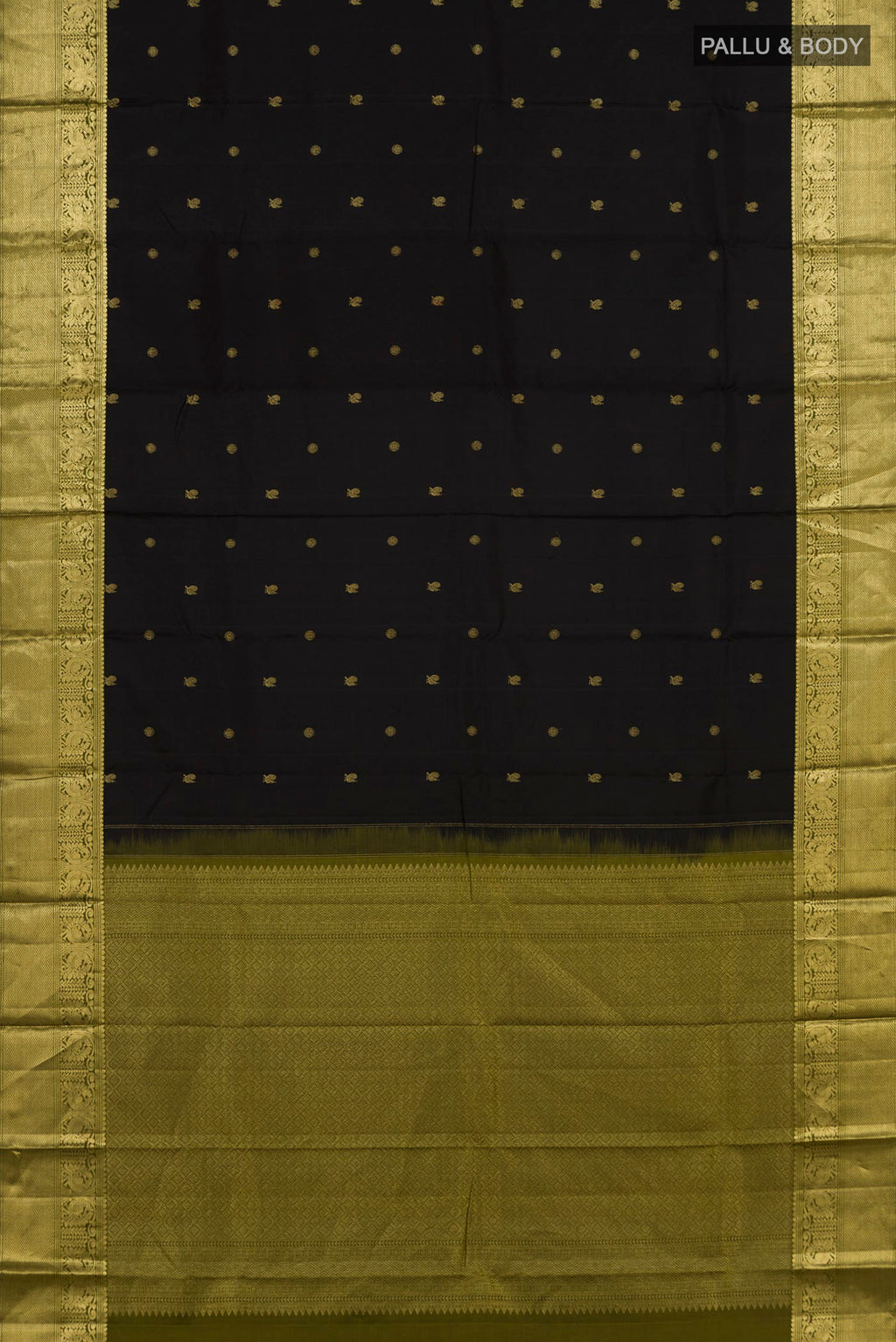 Flat view of Pure Silk Black Kanchipuram Saree with Zari Butta on the body and Zari Border. 
