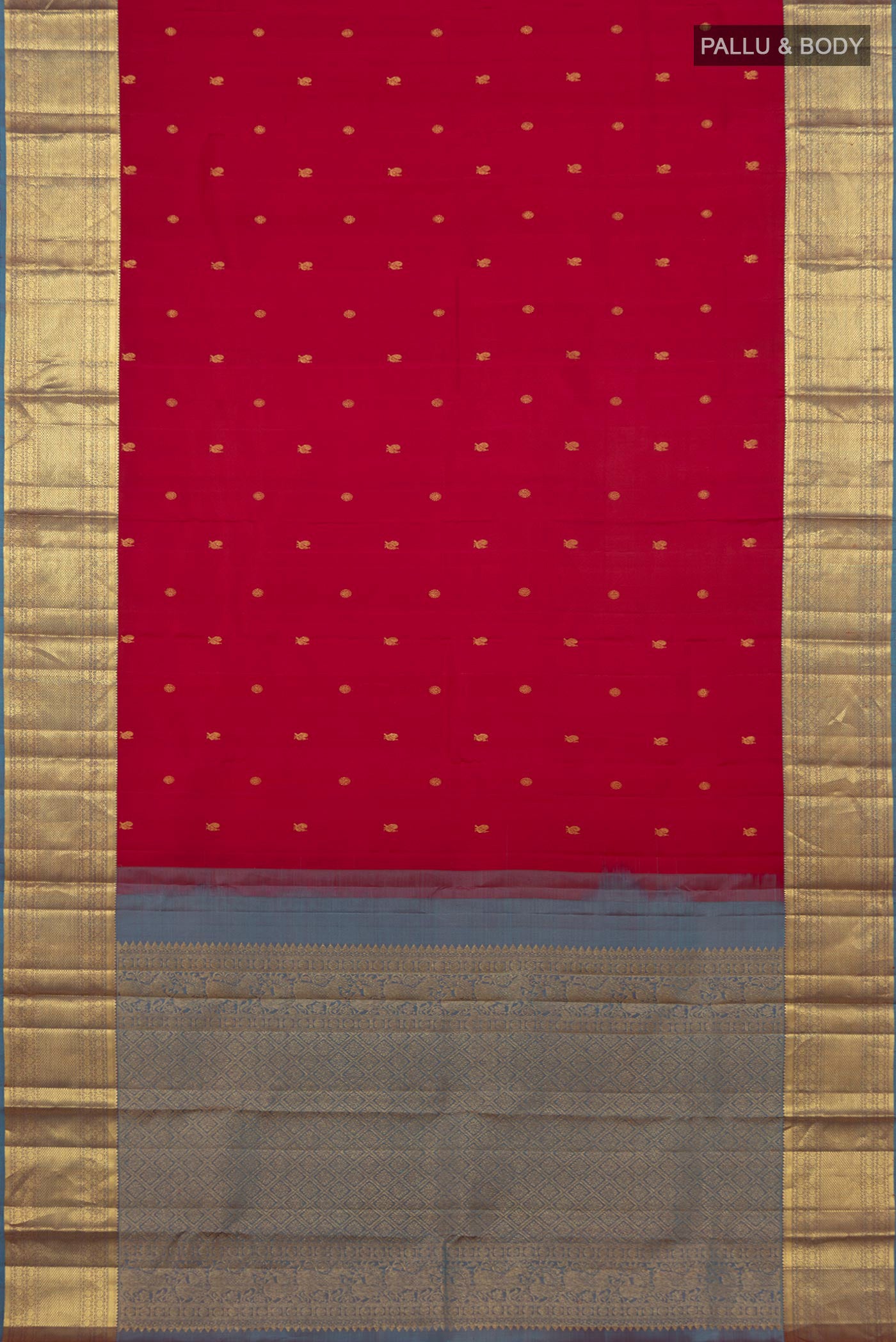 Flat view of Pink Kanchipuram Saree with Zari Butta on the body and Zari Border. 