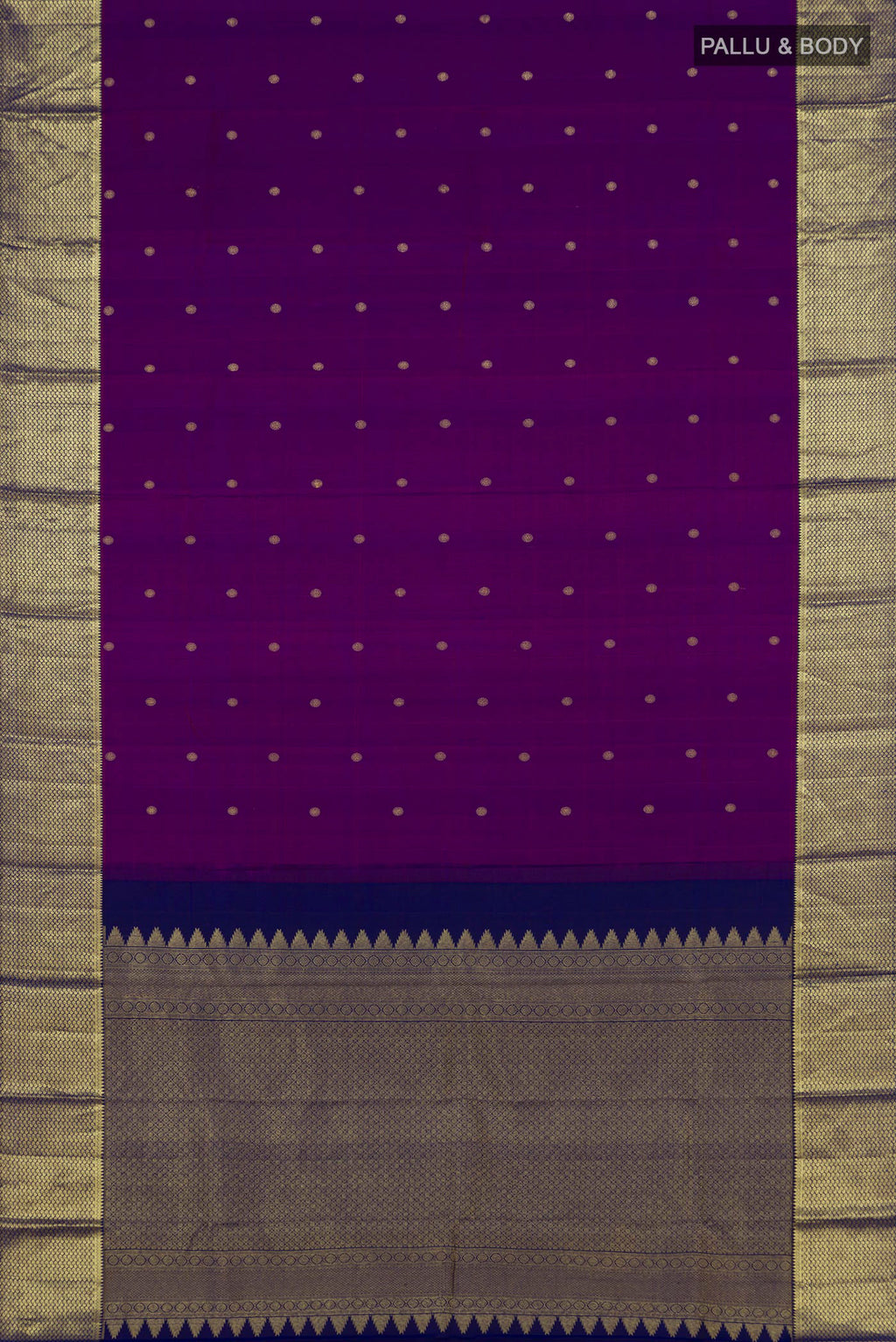 Flat view of Purple Kanchipuram Silk Saree with Zari Butta on the body and Zari Border. 