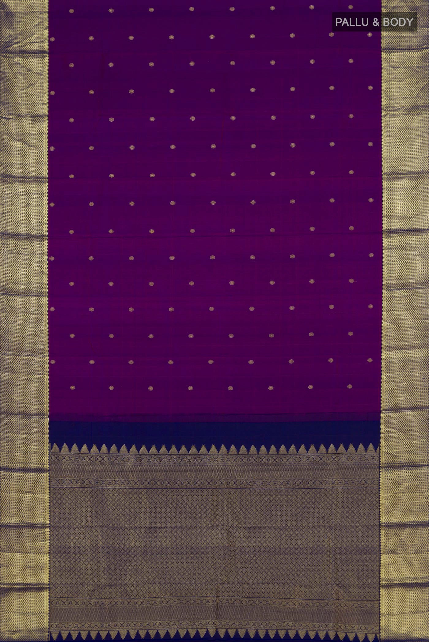 Flat view of Purple Kanchipuram Silk Saree with Zari Butta on the body and Zari Border. 