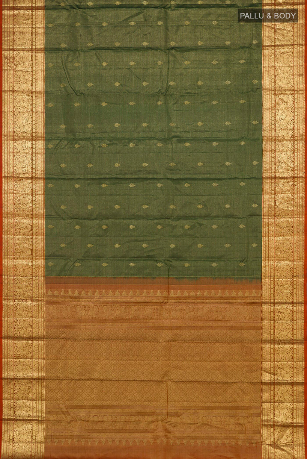 Flat view of Green Kanjivaram Silk Saree with Zari Butta on the body and Zari Border. 