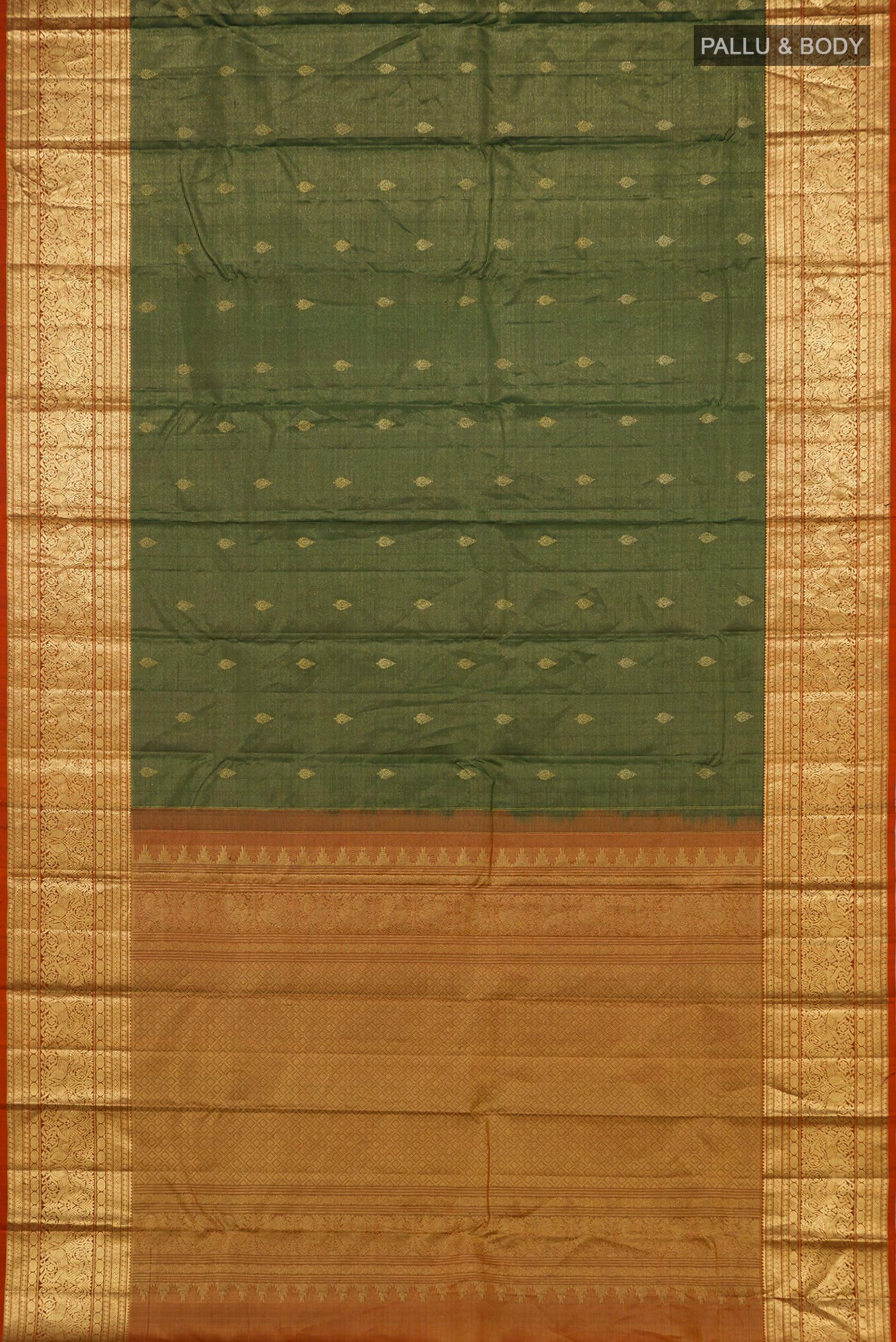 Flat view of Green Kanjivaram Silk Saree with Zari Butta on the body and Zari Border. 
