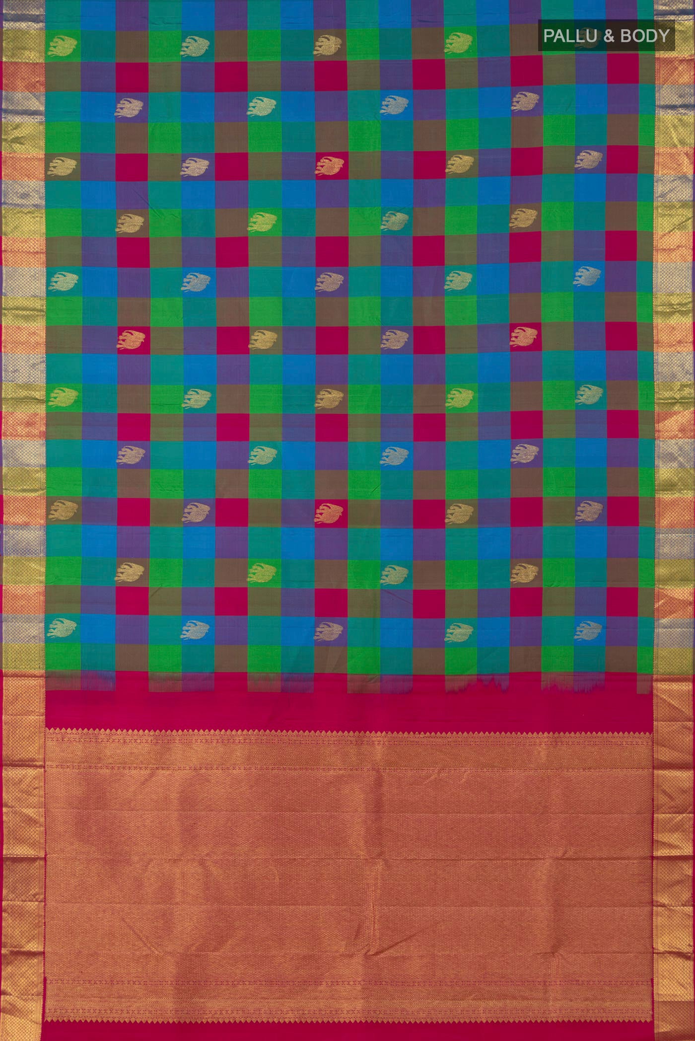 Flat view of Multi Color Kanjivaram Saree with Checked design on the body and Zari Border. 