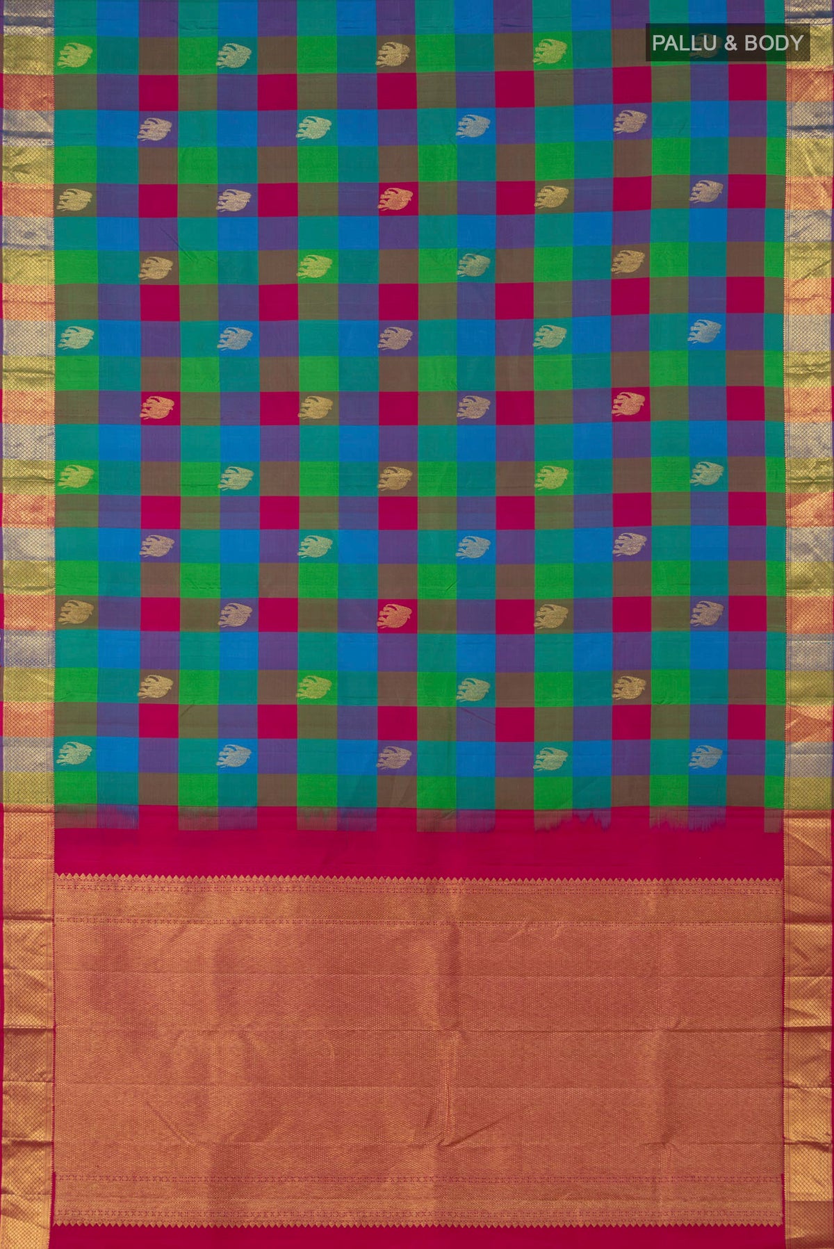 Flat view of Multi Color Kanjivaram Saree with Checked design on the body and Zari Border. 