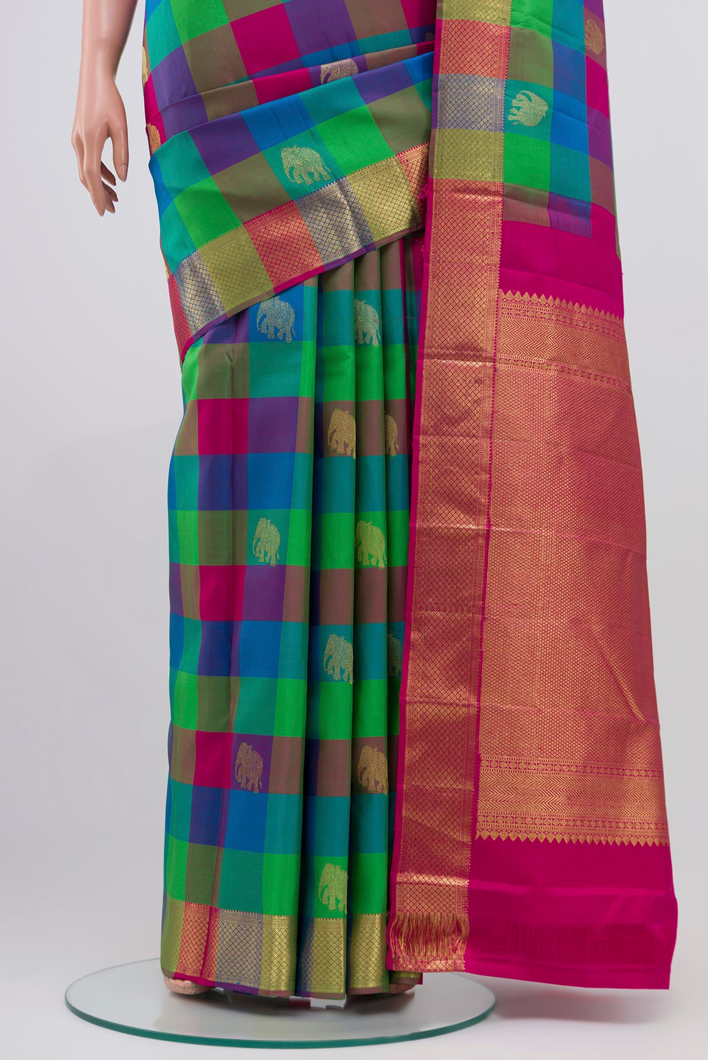 Pleats and pallu of Multi Color Kanjivaram Saree with Checked design on the body and Zari Border. 