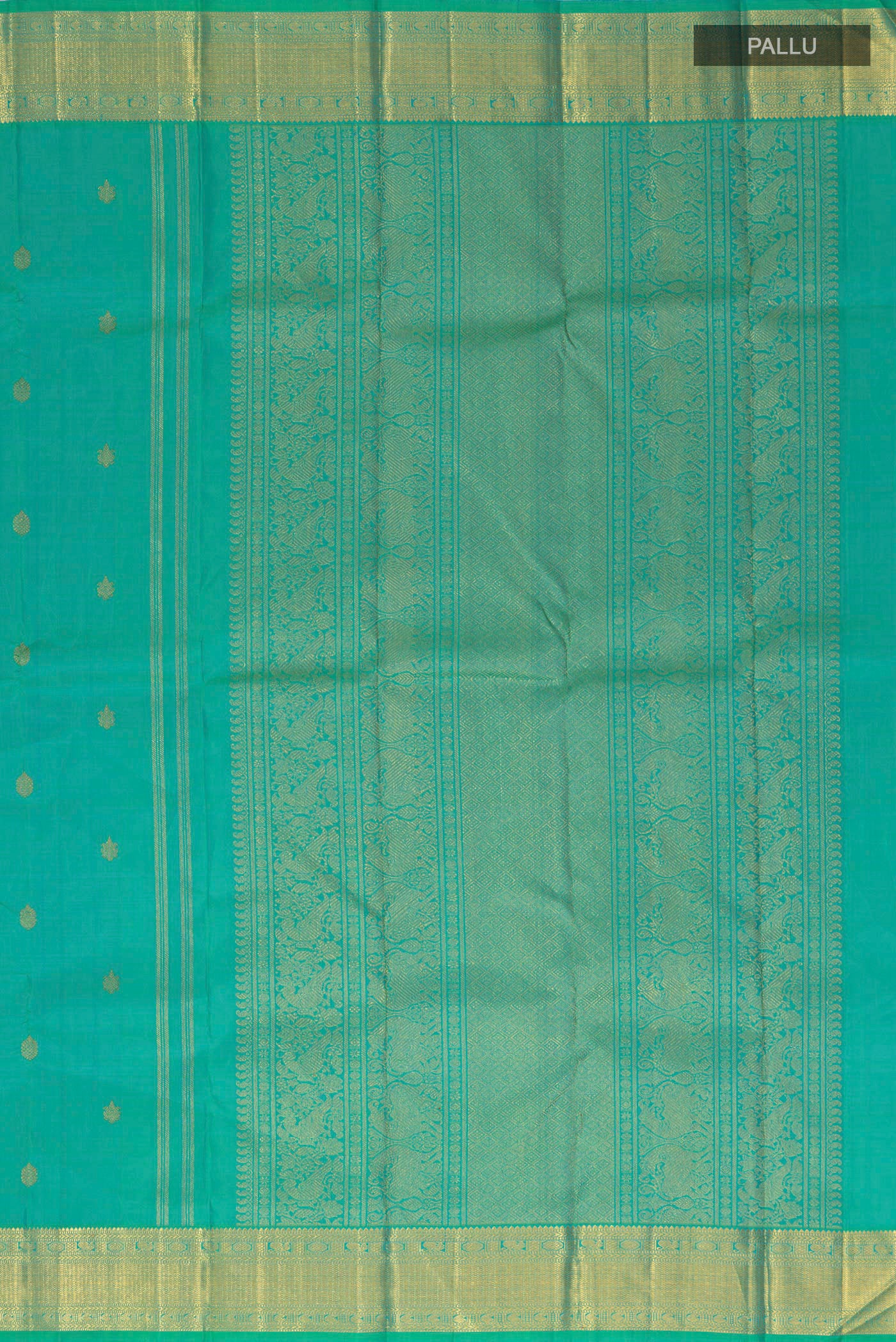 Close up image of the pallu of Pure Silk Pure Zari Green Kanjivaram Saree with Zari Butta on the body and Zari Border. 