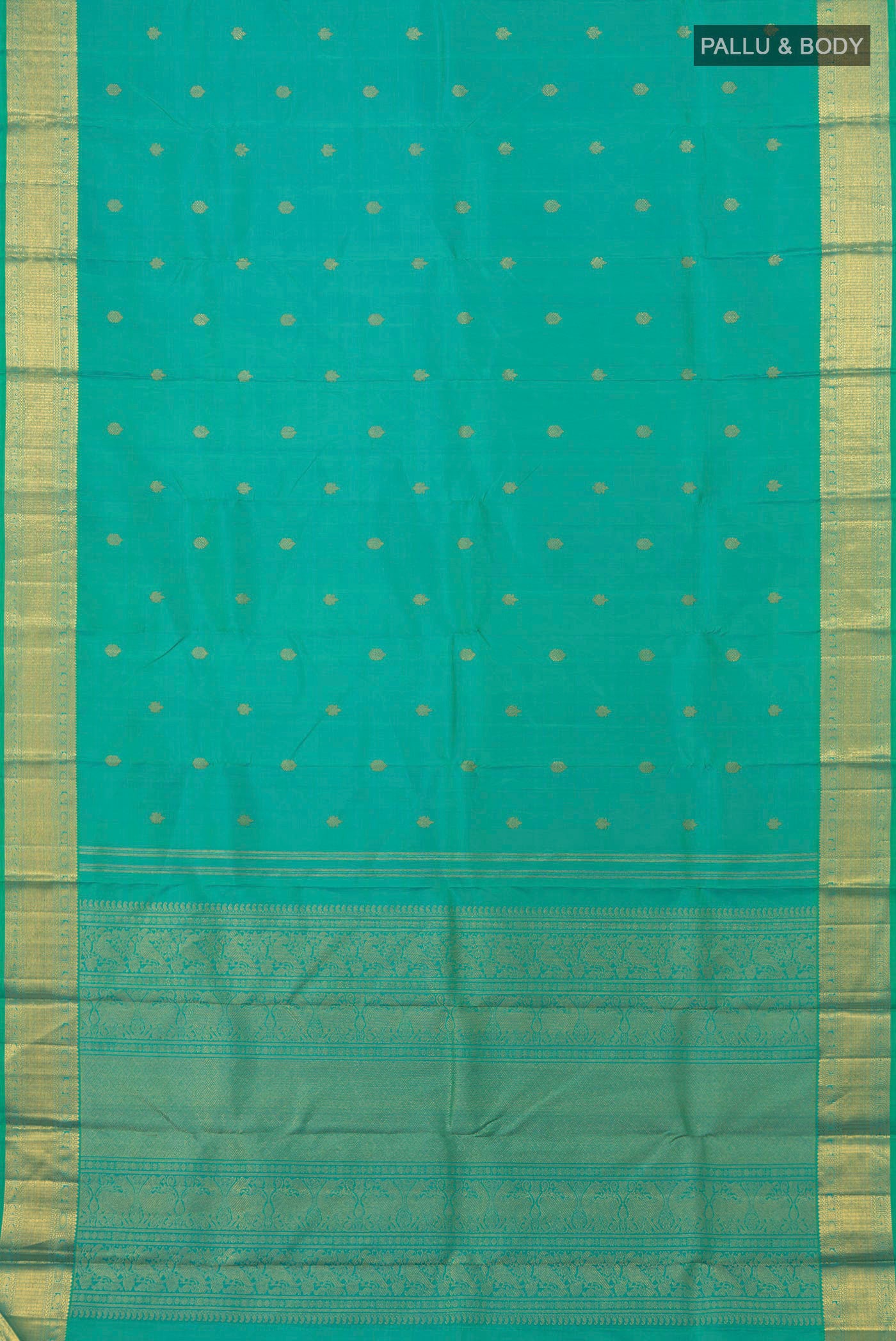 Flat view of Pure Silk Pure Zari Green Kanjivaram Saree with Zari Butta on the body and Zari Border. 