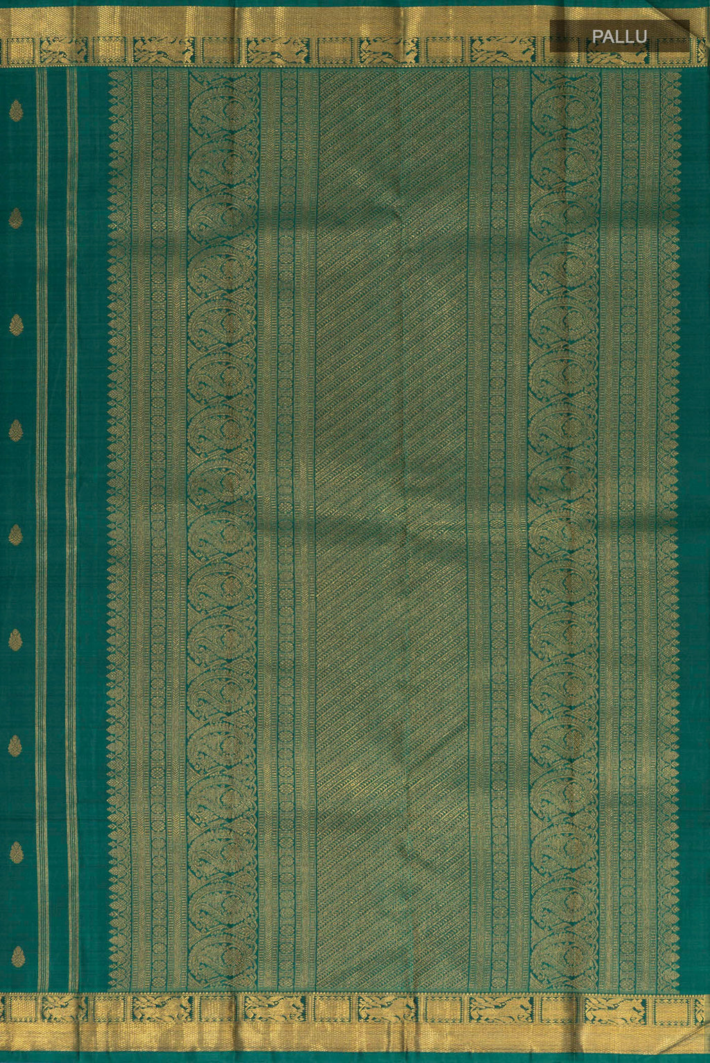 Close up image of the pallu of Pure Silk Pure Zari Green Kanchipuram Saree with Zari Butta on the body and Zari Border. 