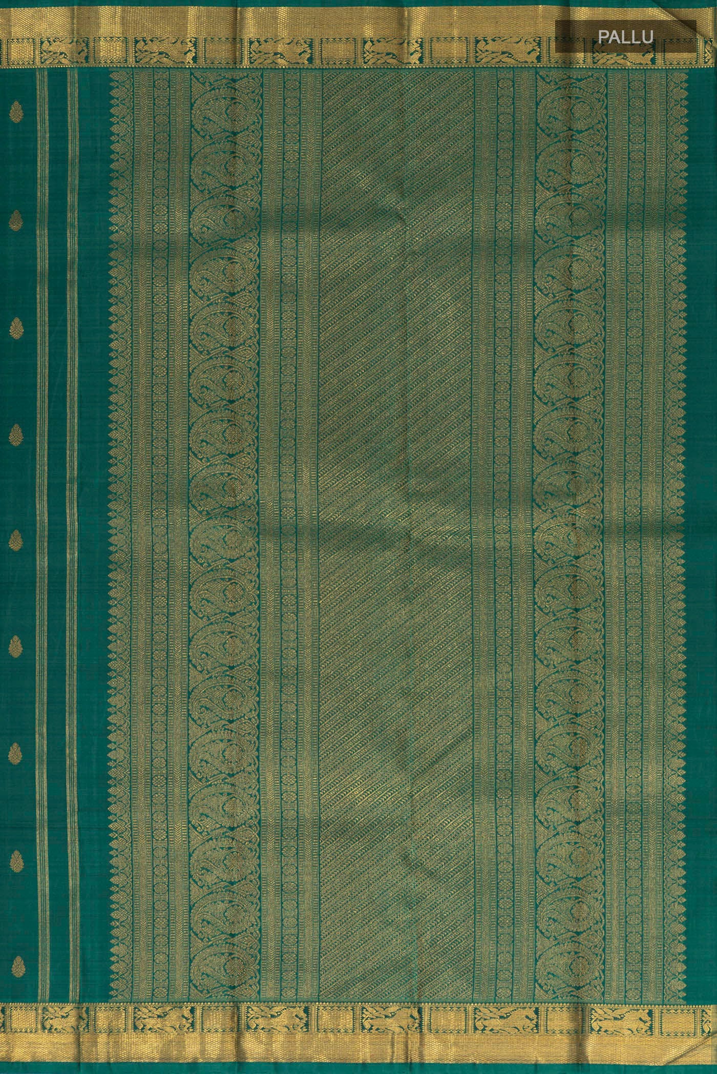 Close up image of the pallu of Pure Silk Pure Zari Green Kanchipuram Saree with Zari Butta on the body and Zari Border. 