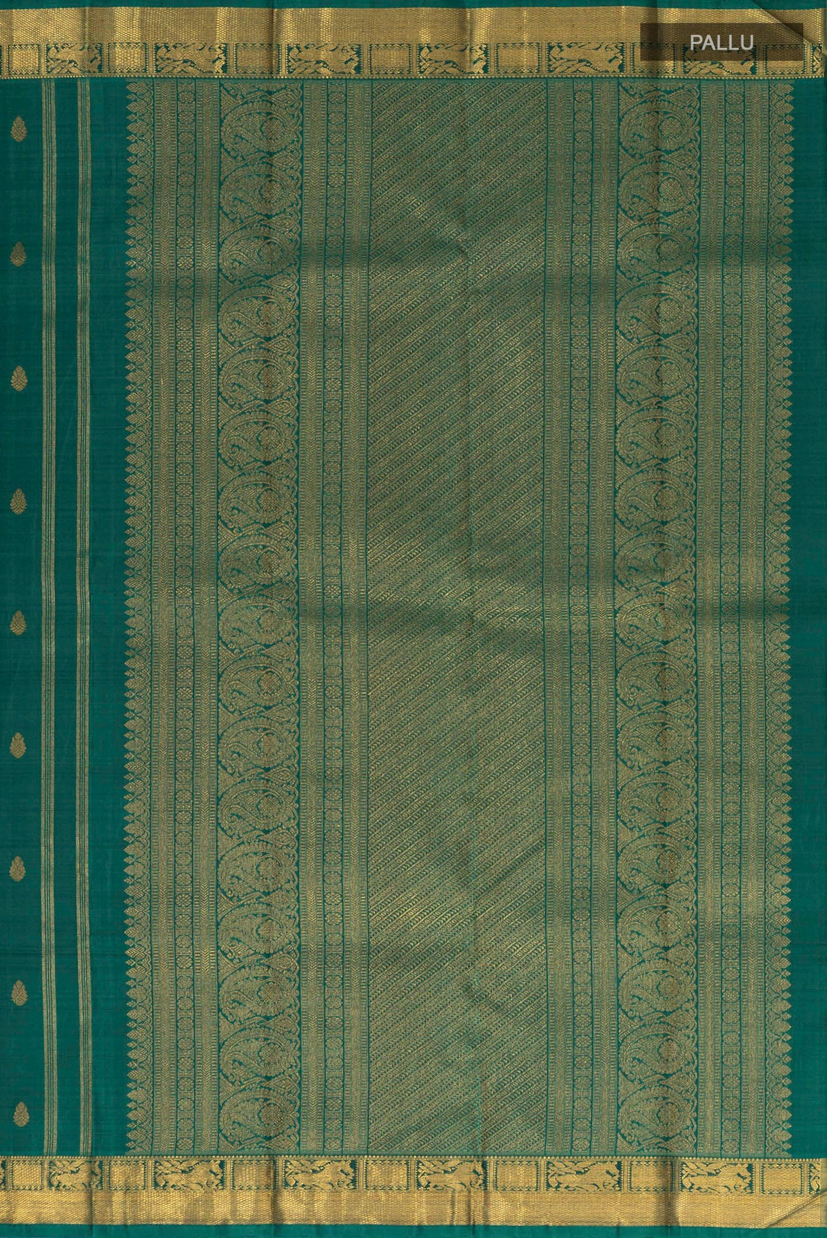 Close up image of the pallu of Pure Silk Pure Zari Green Kanchipuram Saree with Zari Butta on the body and Zari Border. 