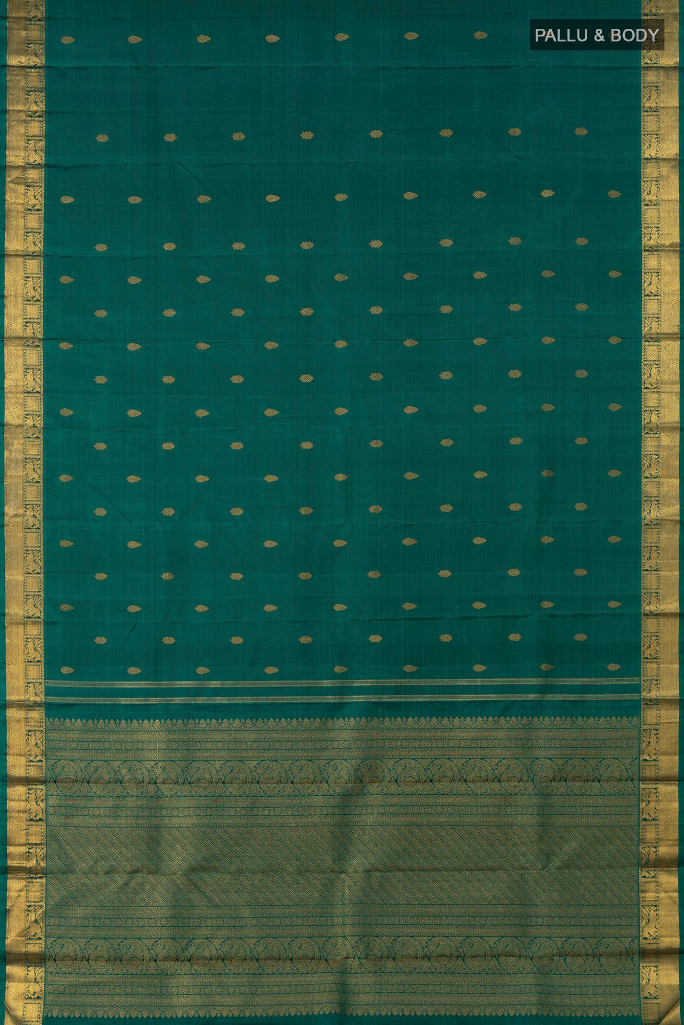 Flat view of Pure Silk Pure Zari Green Kanchipuram Saree with Zari Butta on the body and Zari Border. 