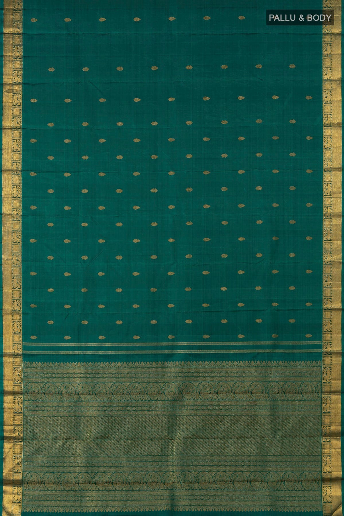 Flat view of Pure Silk Pure Zari Green Kanchipuram Saree with Zari Butta on the body and Zari Border. 