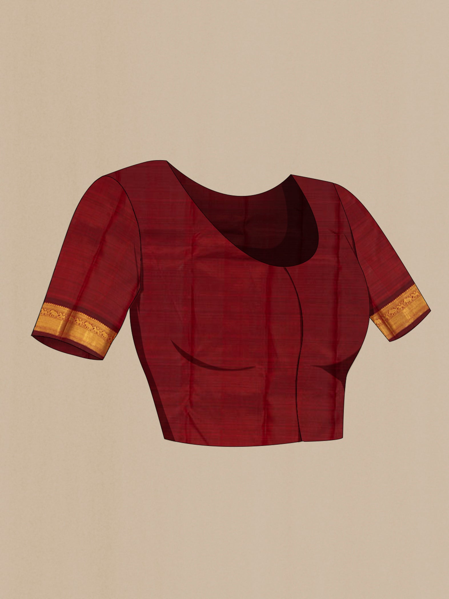 Close up image of the blouse of Pure Silk Pure Zari Maroon Kanchipuram Saree with Zari Butta on the body and Zari Border. 