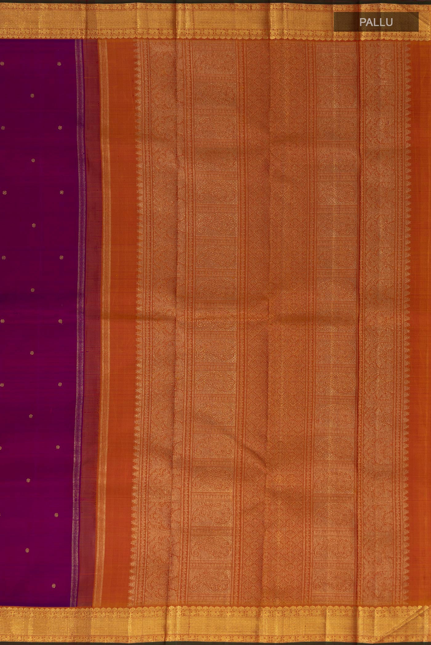 Close up image of the pallu of Pure Silk Pure Zari Purple Kanjivaram Saree with Zari Butta on the body and Zari Border. 