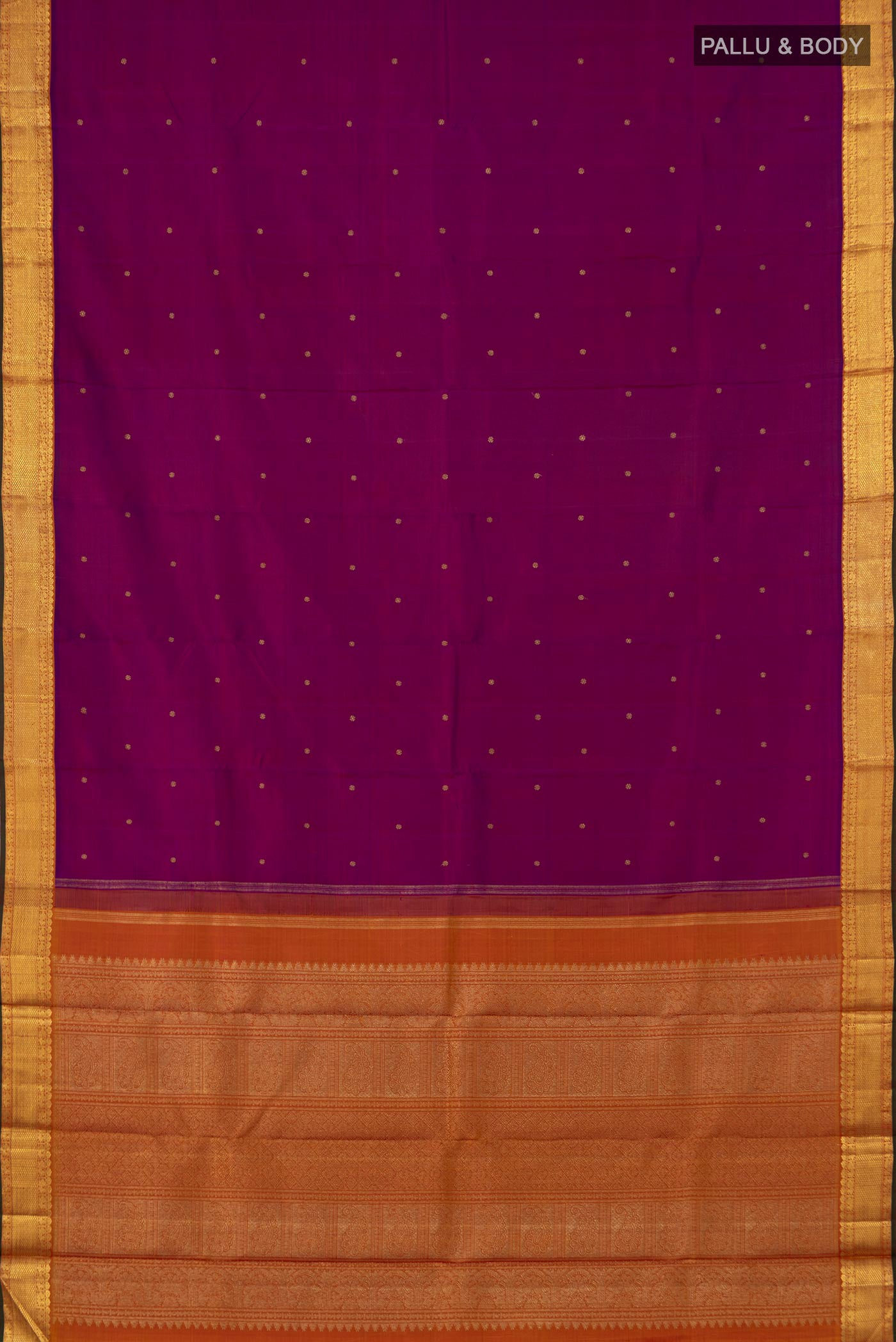 Flat view of Pure Silk Pure Zari Purple Kanjivaram Saree with Zari Butta on the body and Zari Border. 