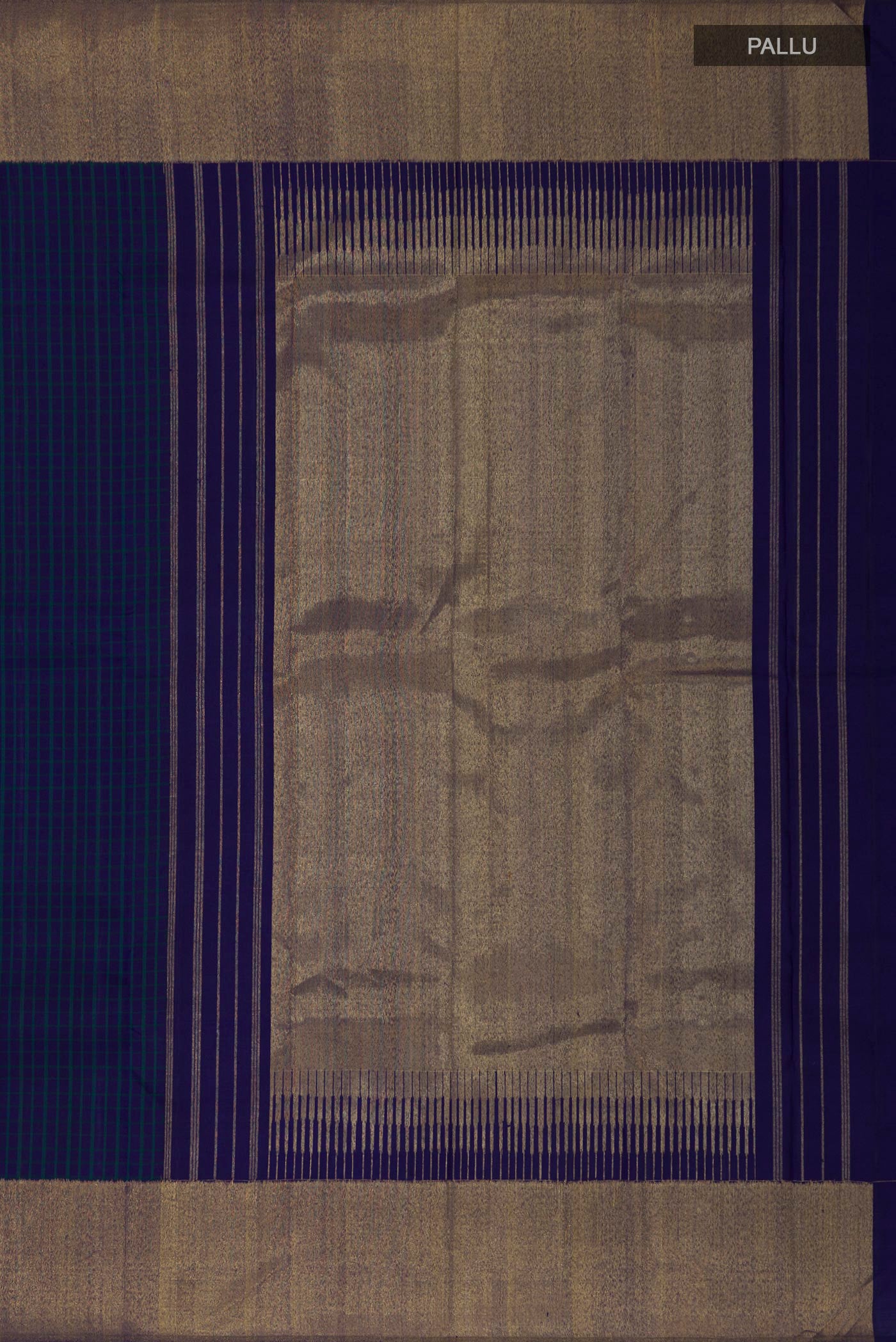Close up image of the pallu of Pure Silk Pure Zari Blue Kanjivaram Saree with Checked design on the body and Zari Border. 