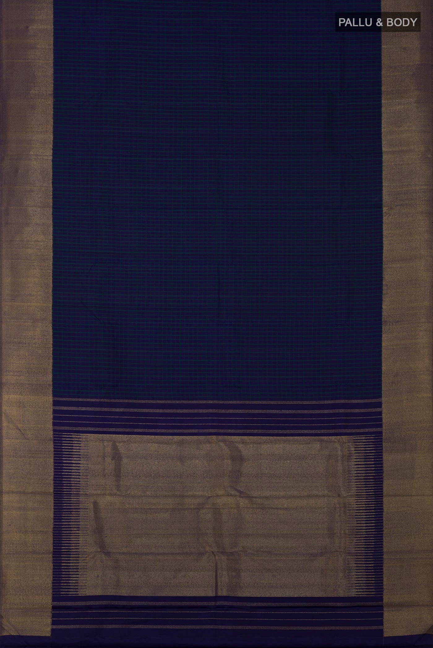 Flat view of Pure Silk Pure Zari Blue Kanjivaram Saree with Checked design on the body and Zari Border. 