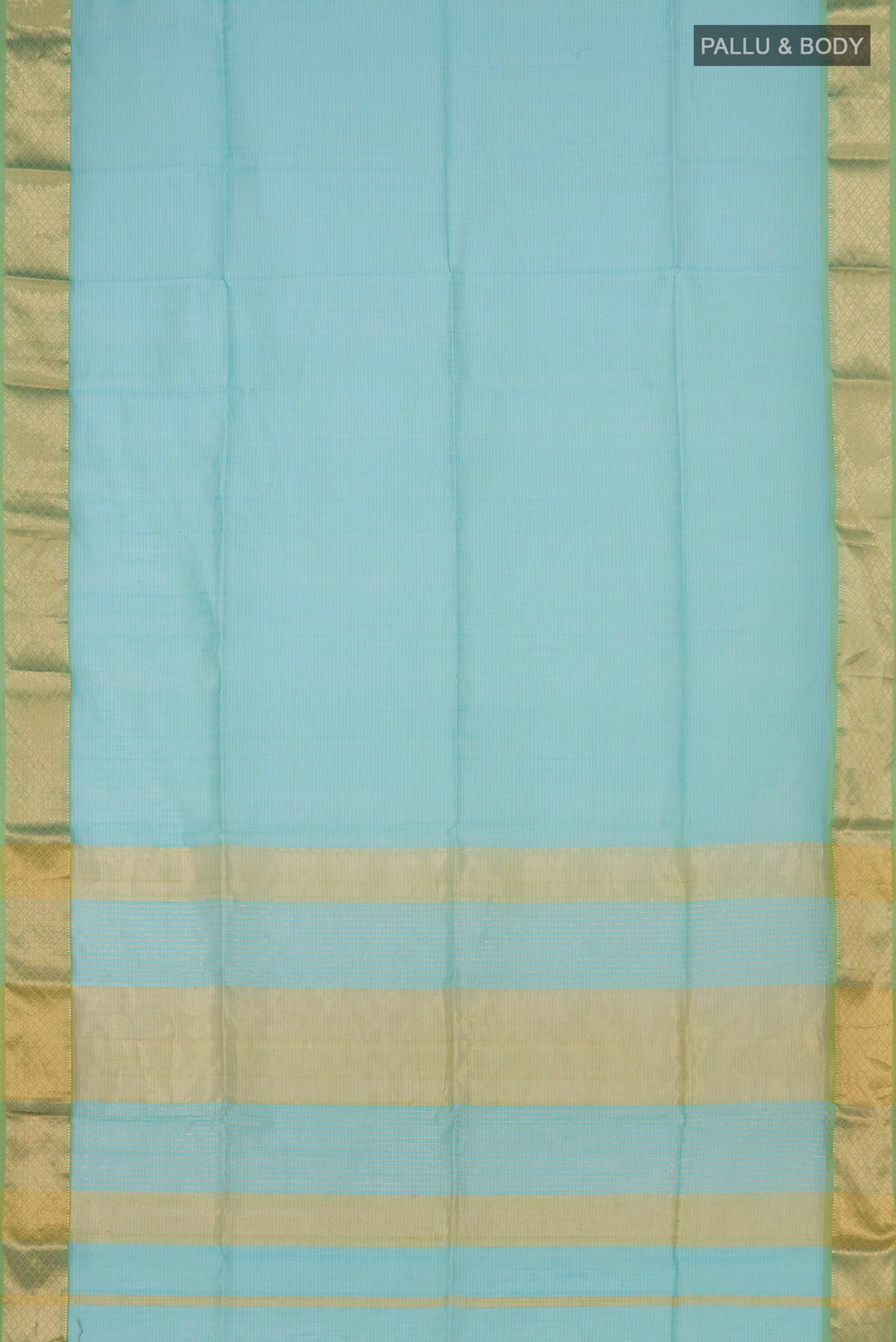 Flat view of Sky Blue Maheshwari Silk Cotton Saree with Plain Body and Zari Border. 