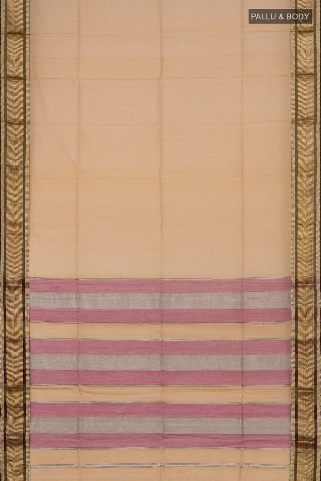 Flat view of Beige Maheshwari Silk Cotton Saree with Plain Body and Zari Border. 