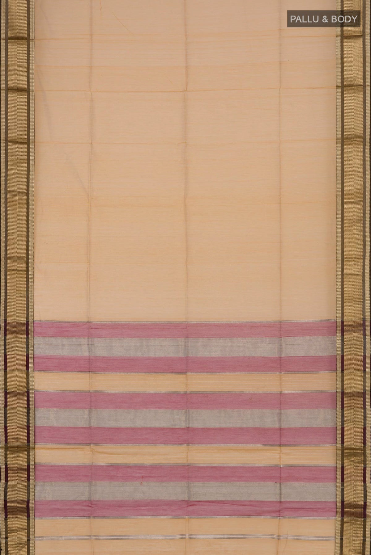 Flat view of Beige Maheshwari Silk Cotton Saree with Plain Body and Zari Border. 