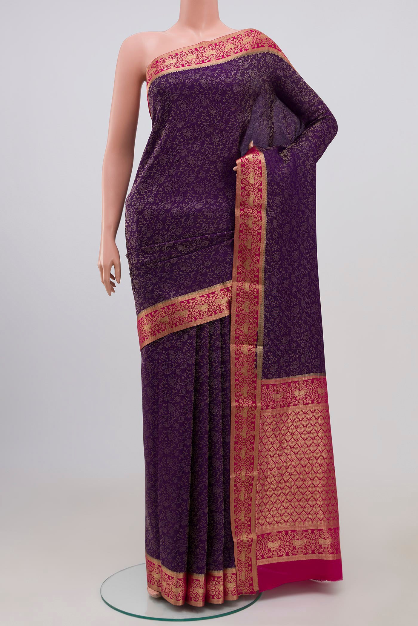Purple Mysore Crepe Saree with Zari Brocade on the body and Zari Border.  displayed on a mannequin