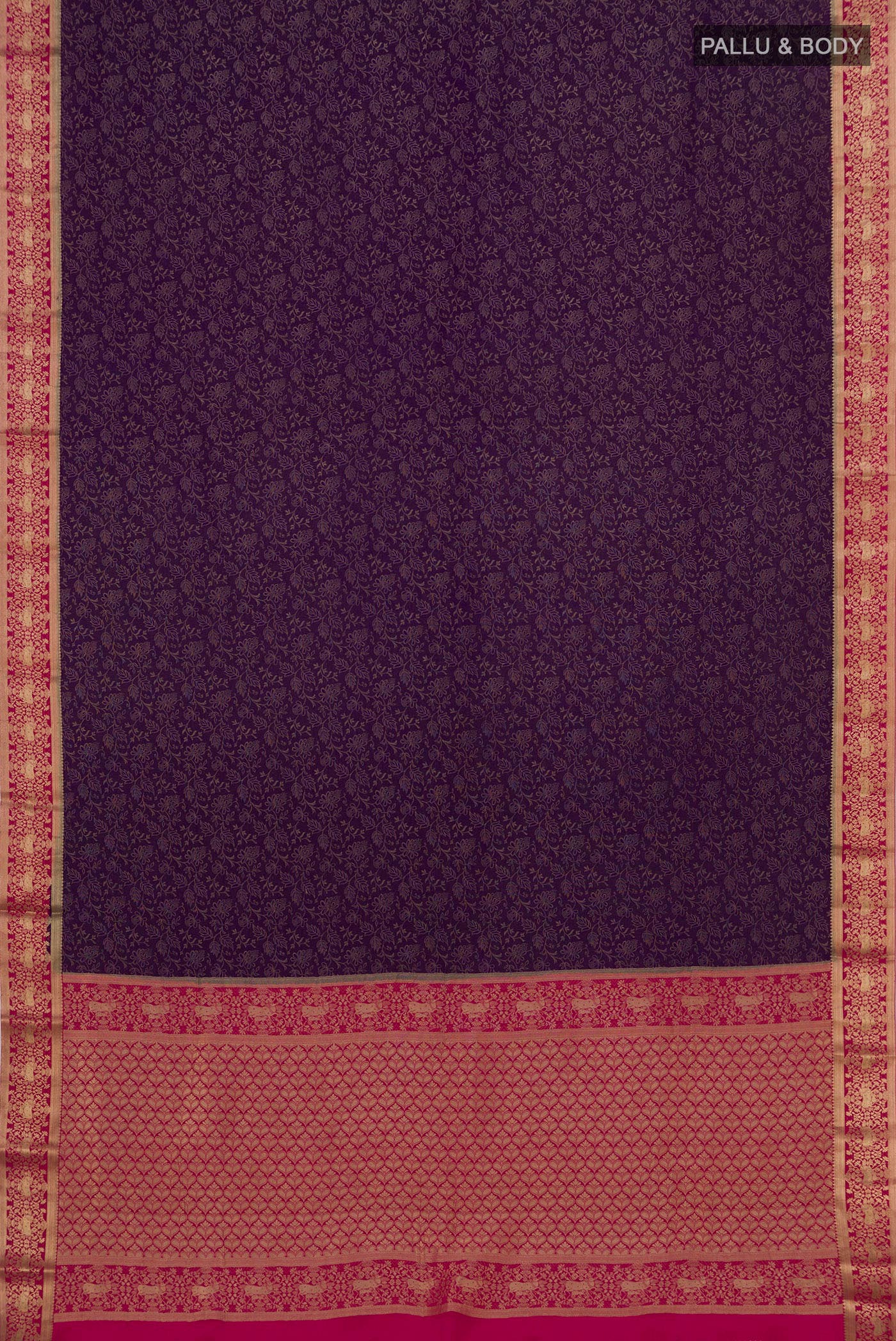 Flat view of Purple Mysore Crepe Saree with Zari Brocade on the body and Zari Border. 