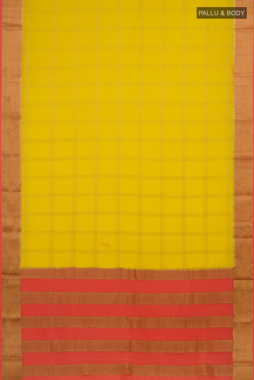 Flat view of Yellow Crepe Saree with Checked design on the body and Zari Border. 