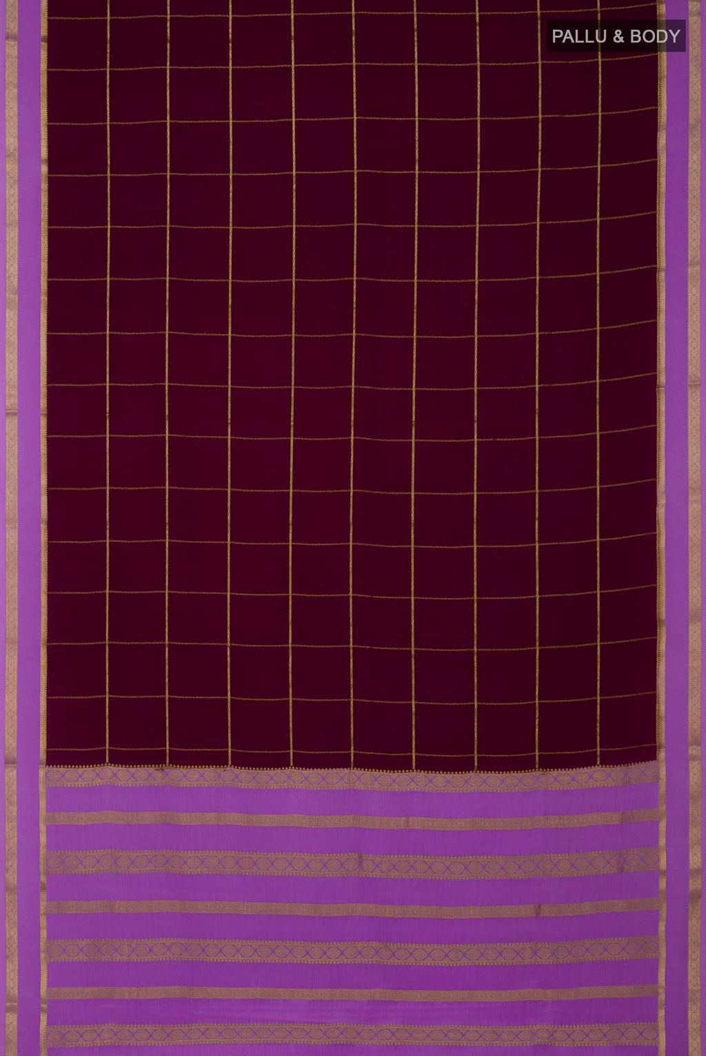 Flat view of Purple Crepe Saree with Checked design on the body and Thin Zari Line. 