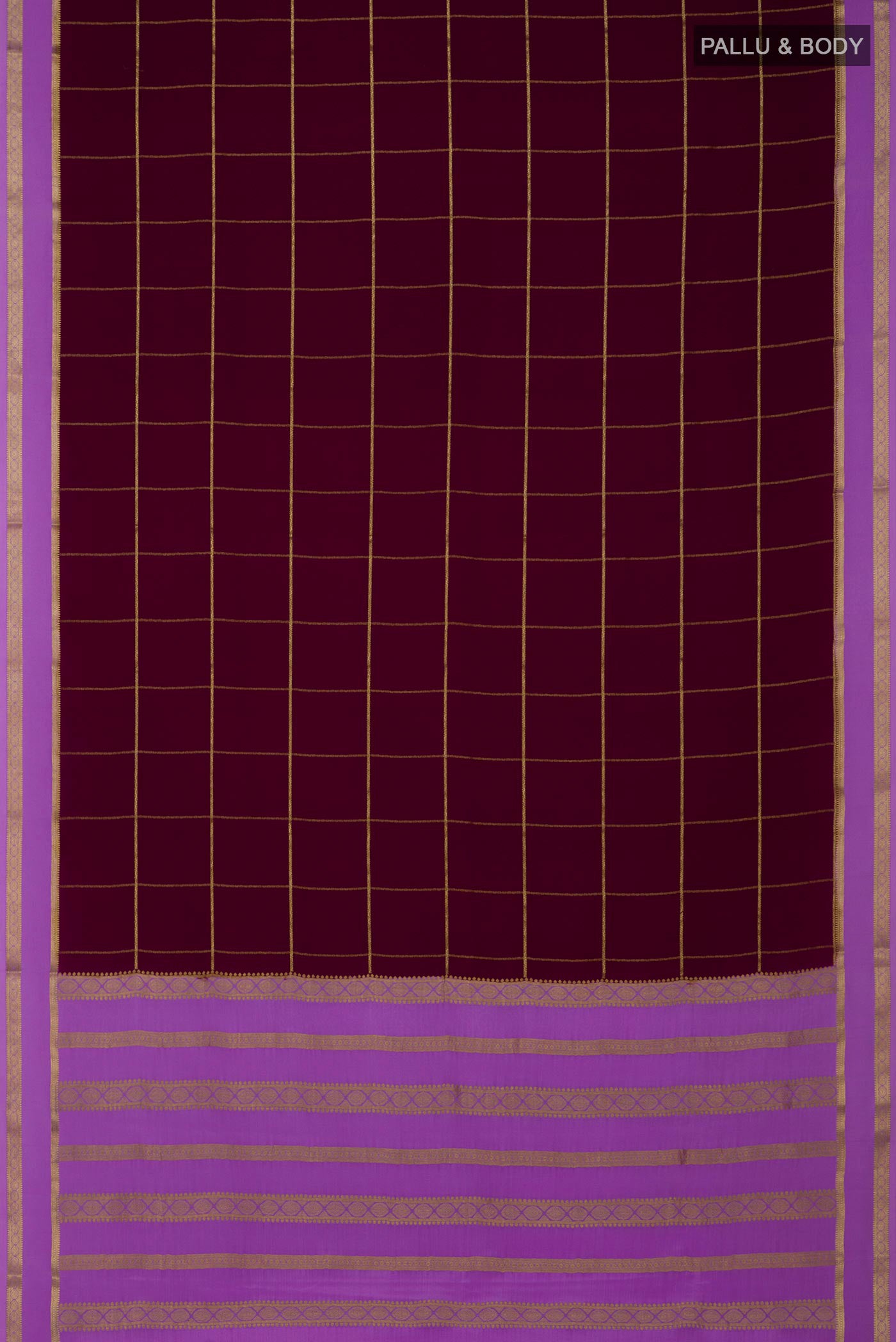 Flat view of Purple Crepe Saree with Checked design on the body and Thin Zari Line. 