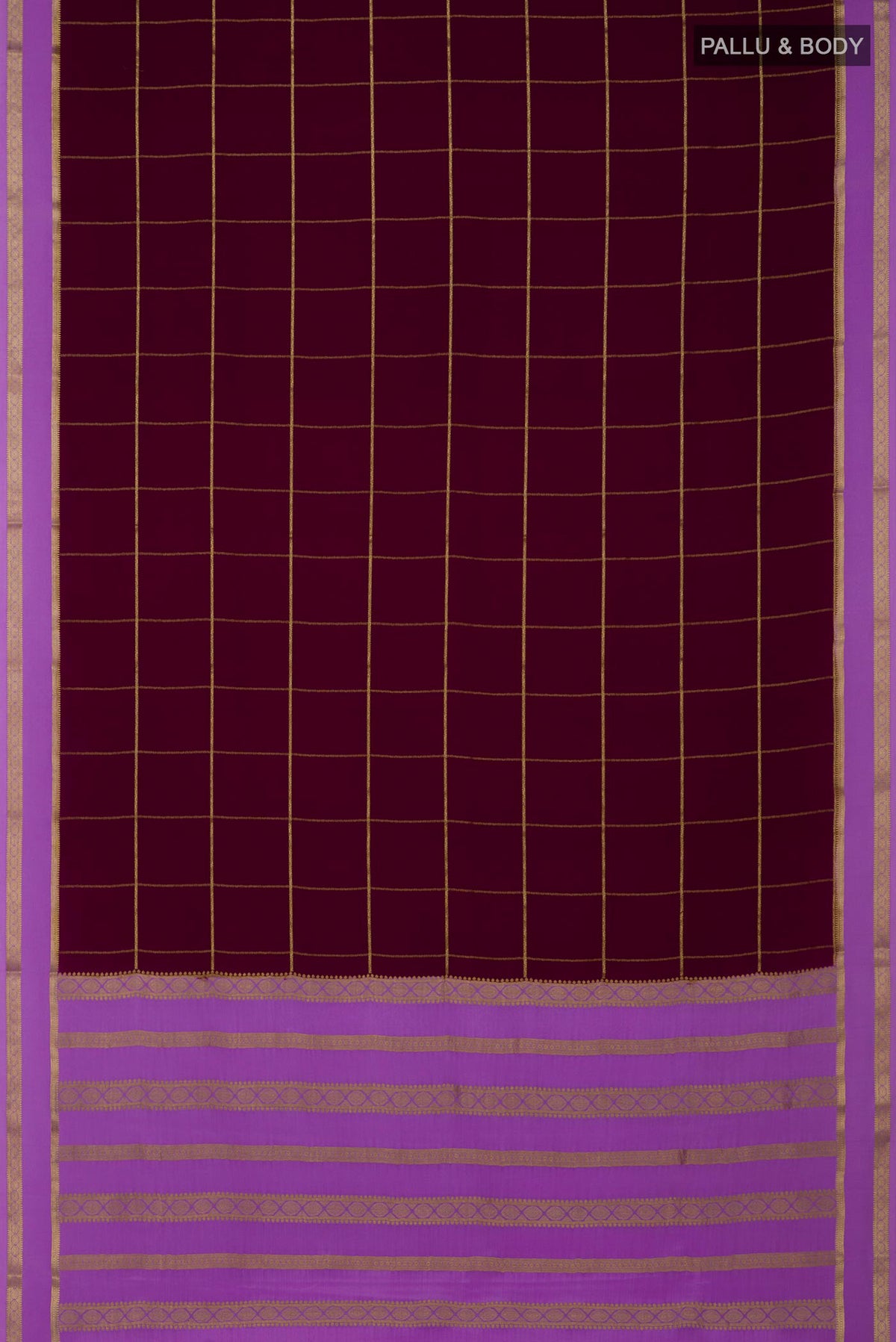 Flat view of Purple Crepe Saree with Checked design on the body and Thin Zari Line. 