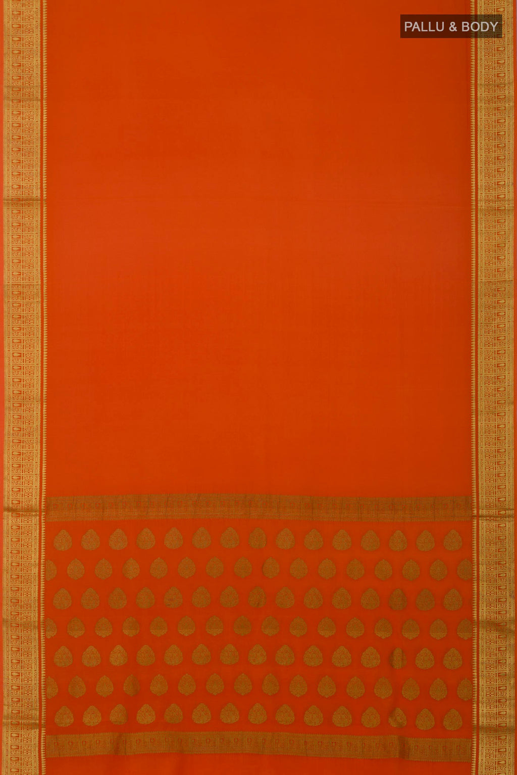Flat view of Orange Crepe Saree with Plain Body and Zari Border. 