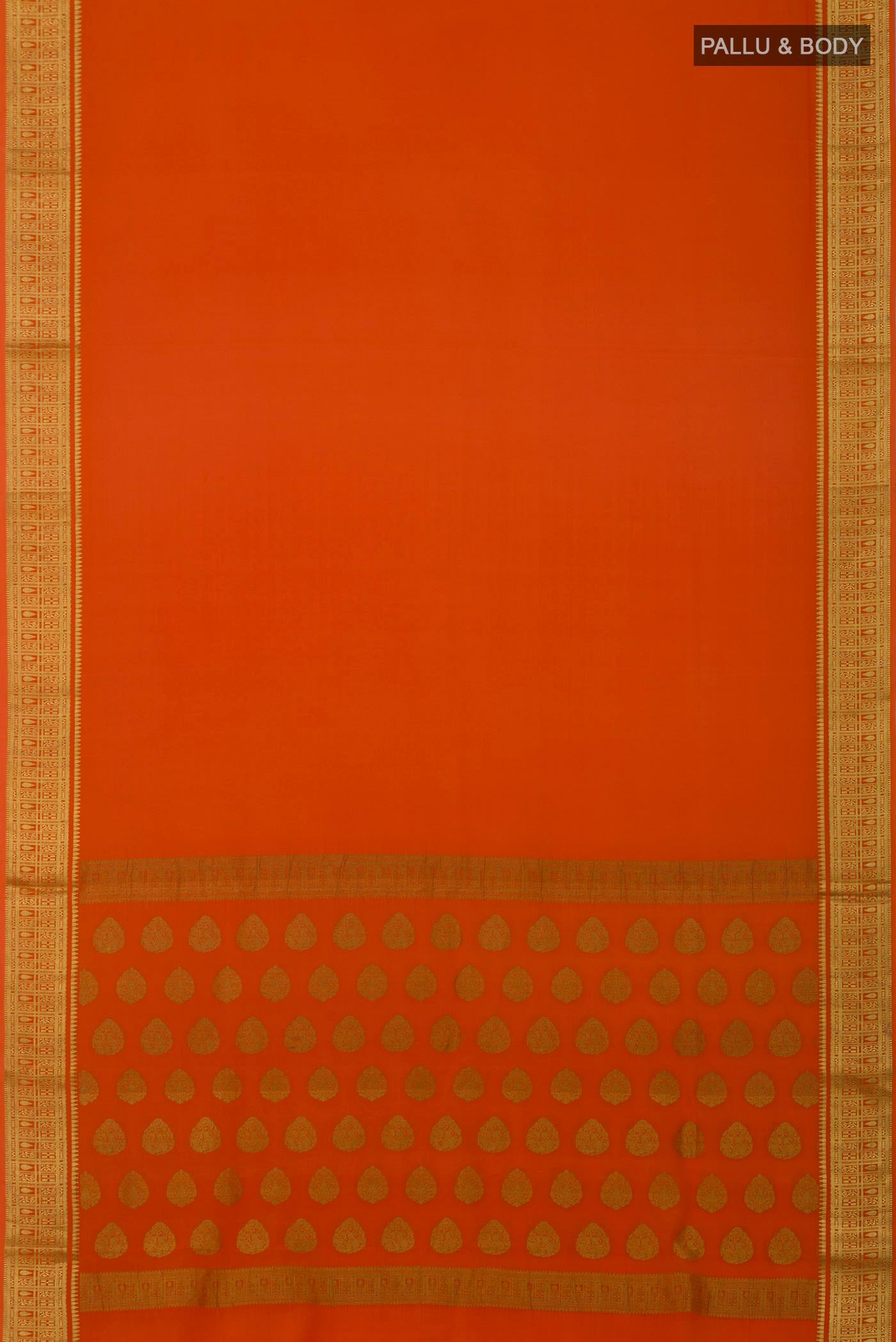 Flat view of Orange Crepe Saree with Plain Body and Zari Border. 