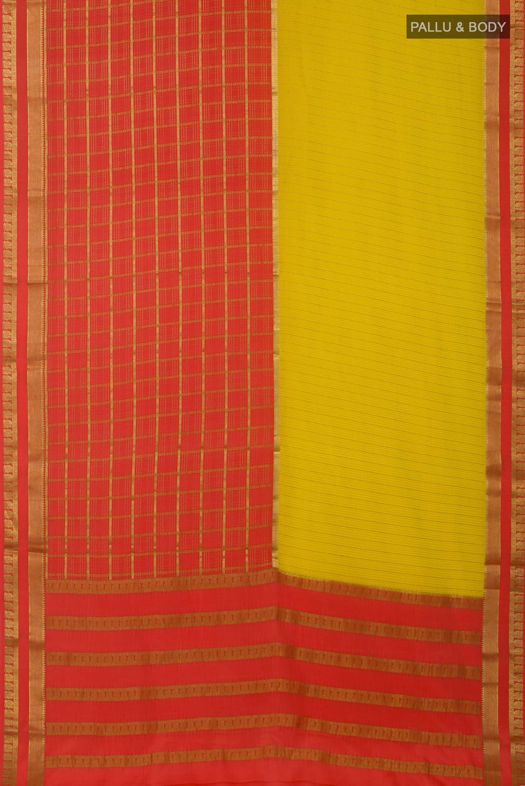 Flat view of Yellow Crepe Saree with Fancy on the body and Zari Border. 