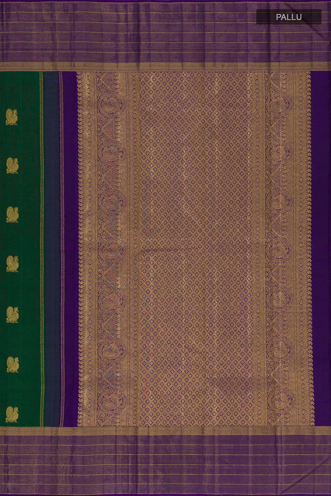 Close up image of the pallu of Bottle Green Kanjivaram Silk Saree with Zari Butta on the body and Zari Border. 