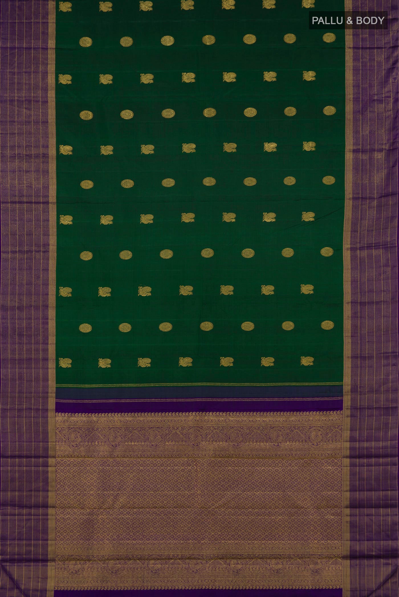 Flat view of Bottle Green Kanjivaram Silk Saree with Zari Butta on the body and Zari Border. 