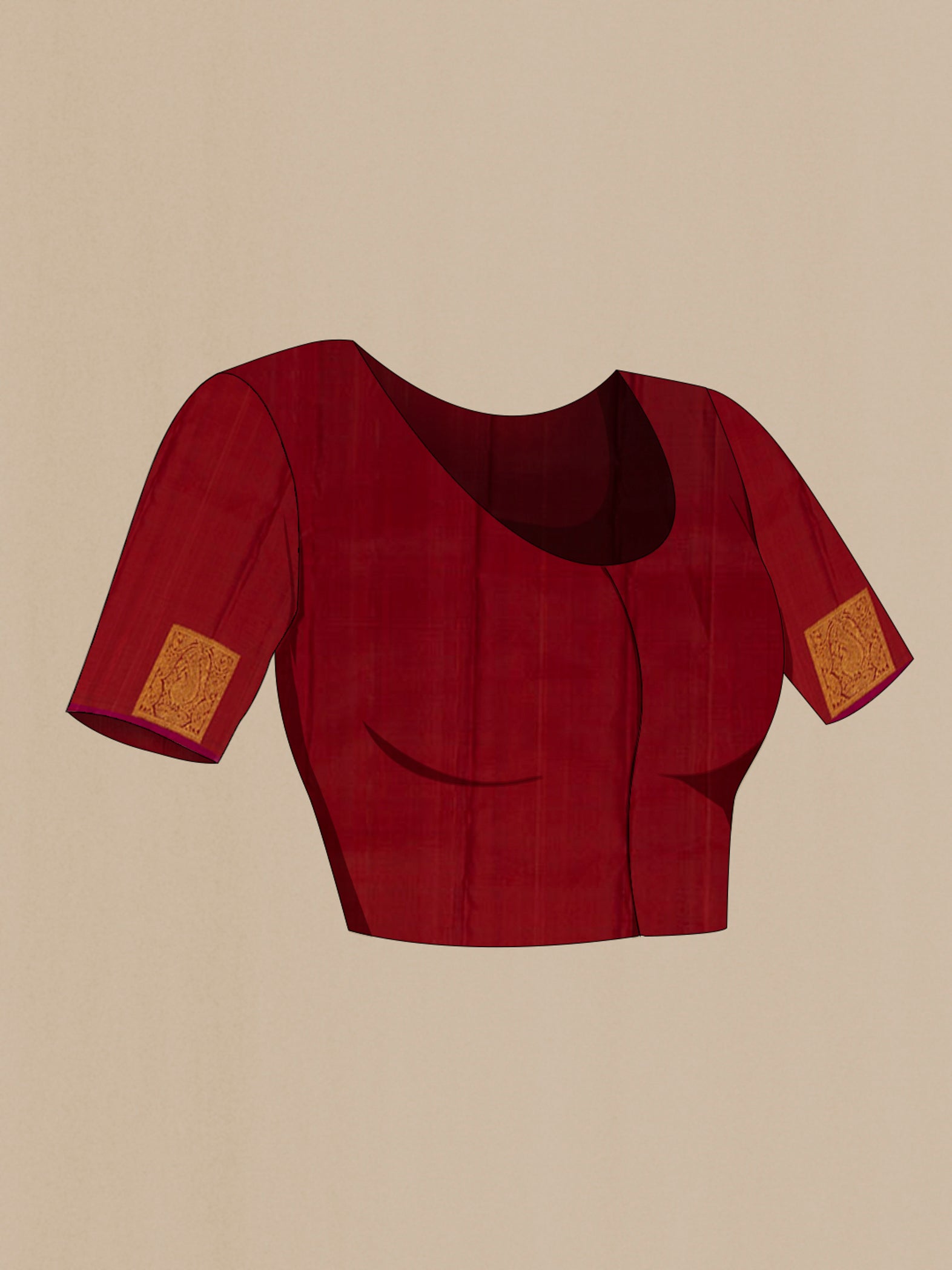 Close up image of the blouse of Maroon Kanjivaram Saree with Stripes on the body and Fancy Border. 