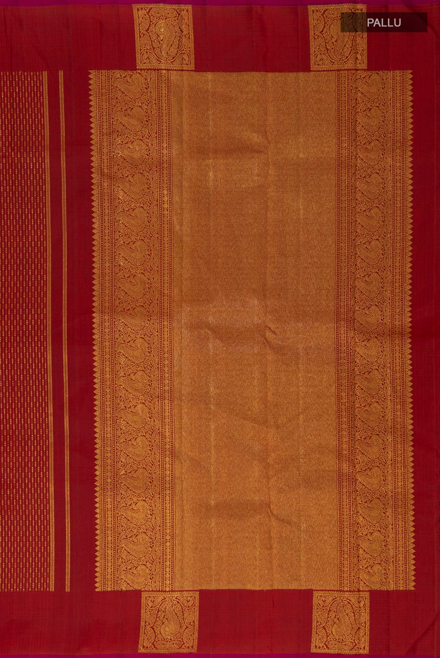Close up image of the pallu of Maroon Kanjivaram Saree with Stripes on the body and Fancy Border. 